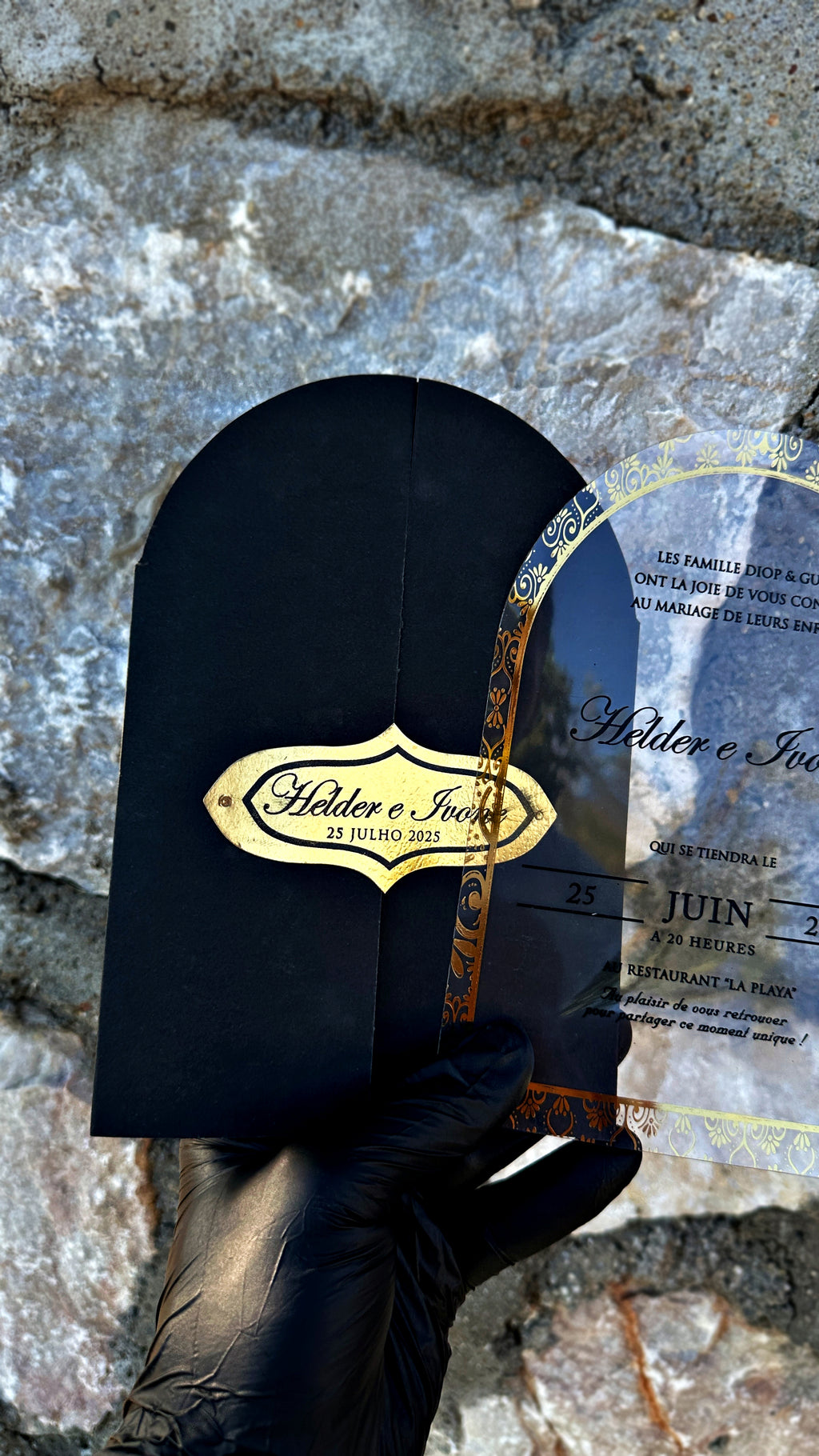 Acrylic Arch Wedding Invitation with Black Envelope & Gold Foil - LunaInvites