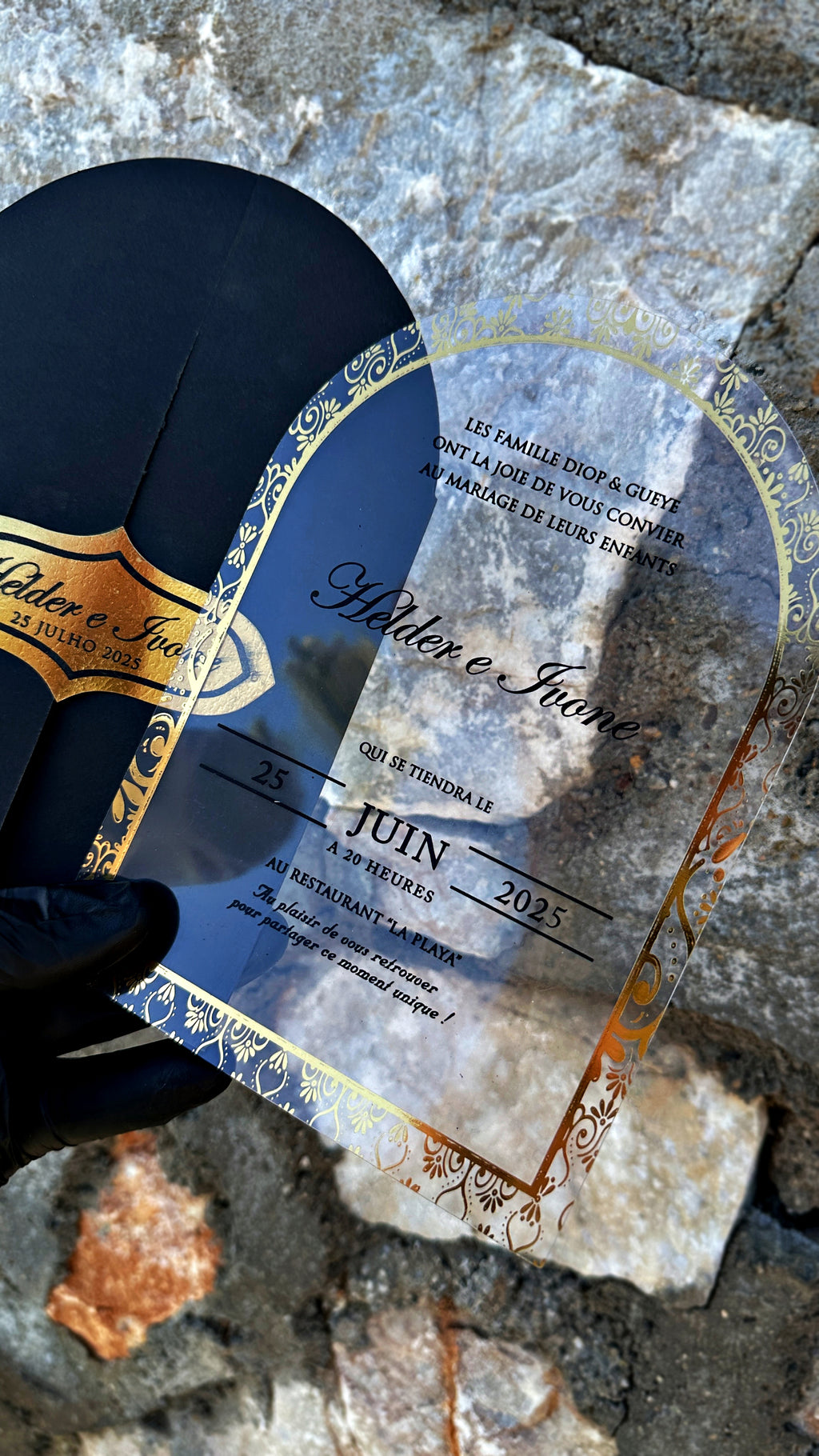 Acrylic Arch Wedding Invitation with Black Envelope & Gold Foil - LunaInvites
