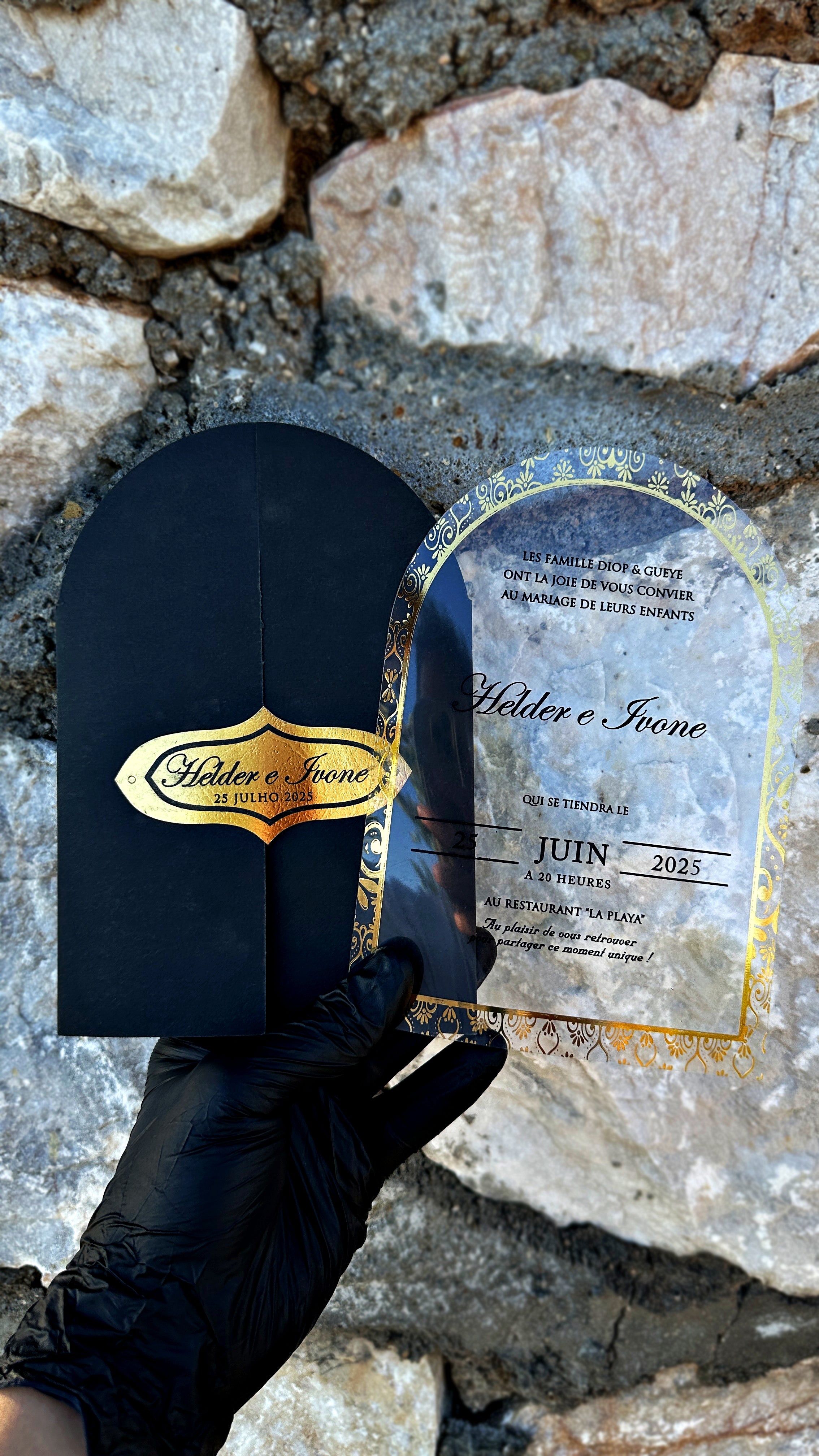 Acrylic Arch Wedding Invitation with Black Envelope & Gold Foil - LunaInvites