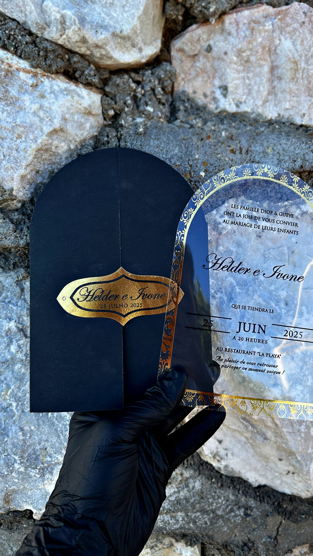 Acrylic Arch Wedding Invitation with Black Envelope & Gold Foil - LunaInvites