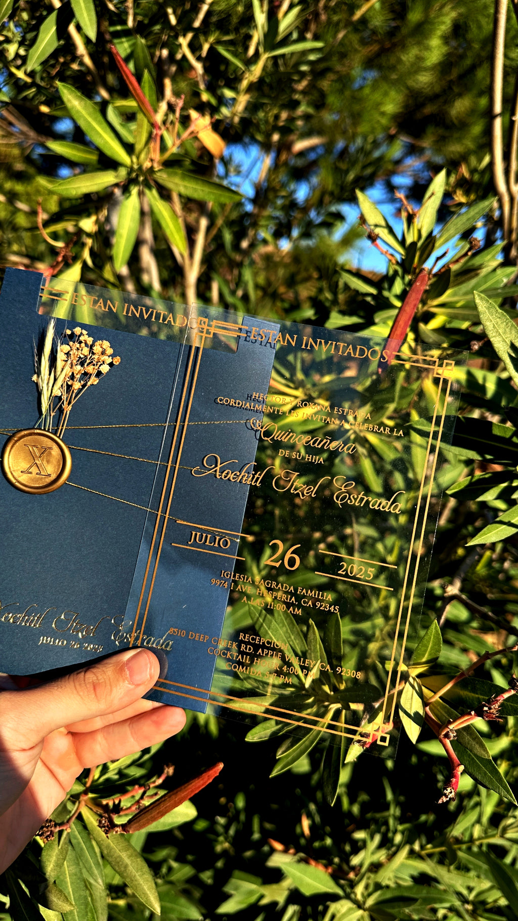 Quinceañera Acrylic Invitation with Gold Foil & Wax Seal - LunaInvites