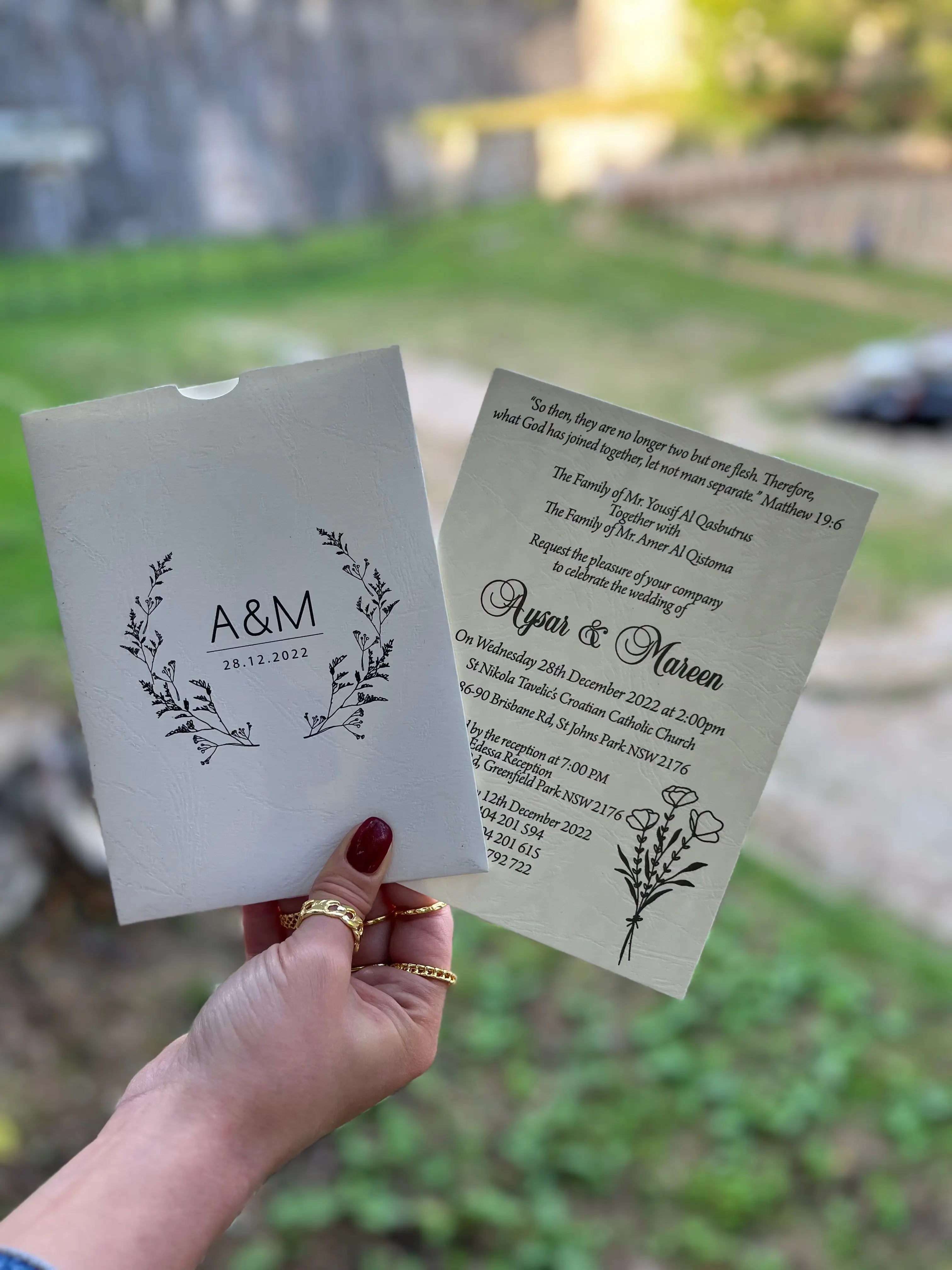 Elegant Wedding Invitation with Botanical Design & White Paper LunaInvites