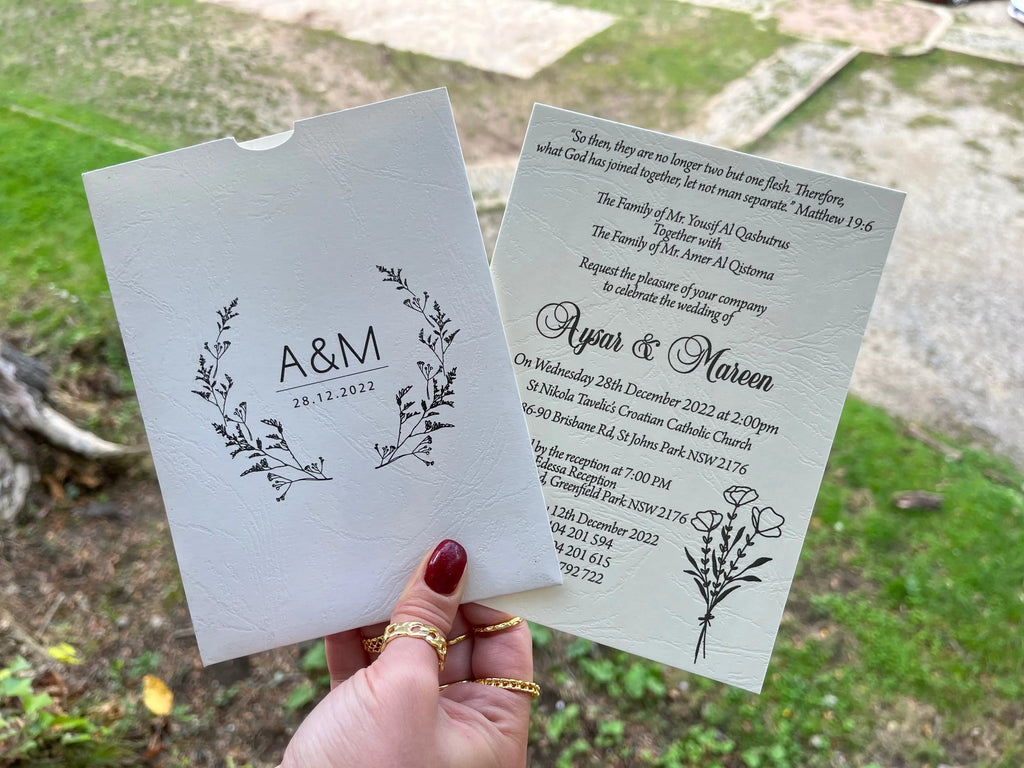 Elegant Wedding Invitation with Botanical Design & White Paper LunaInvites