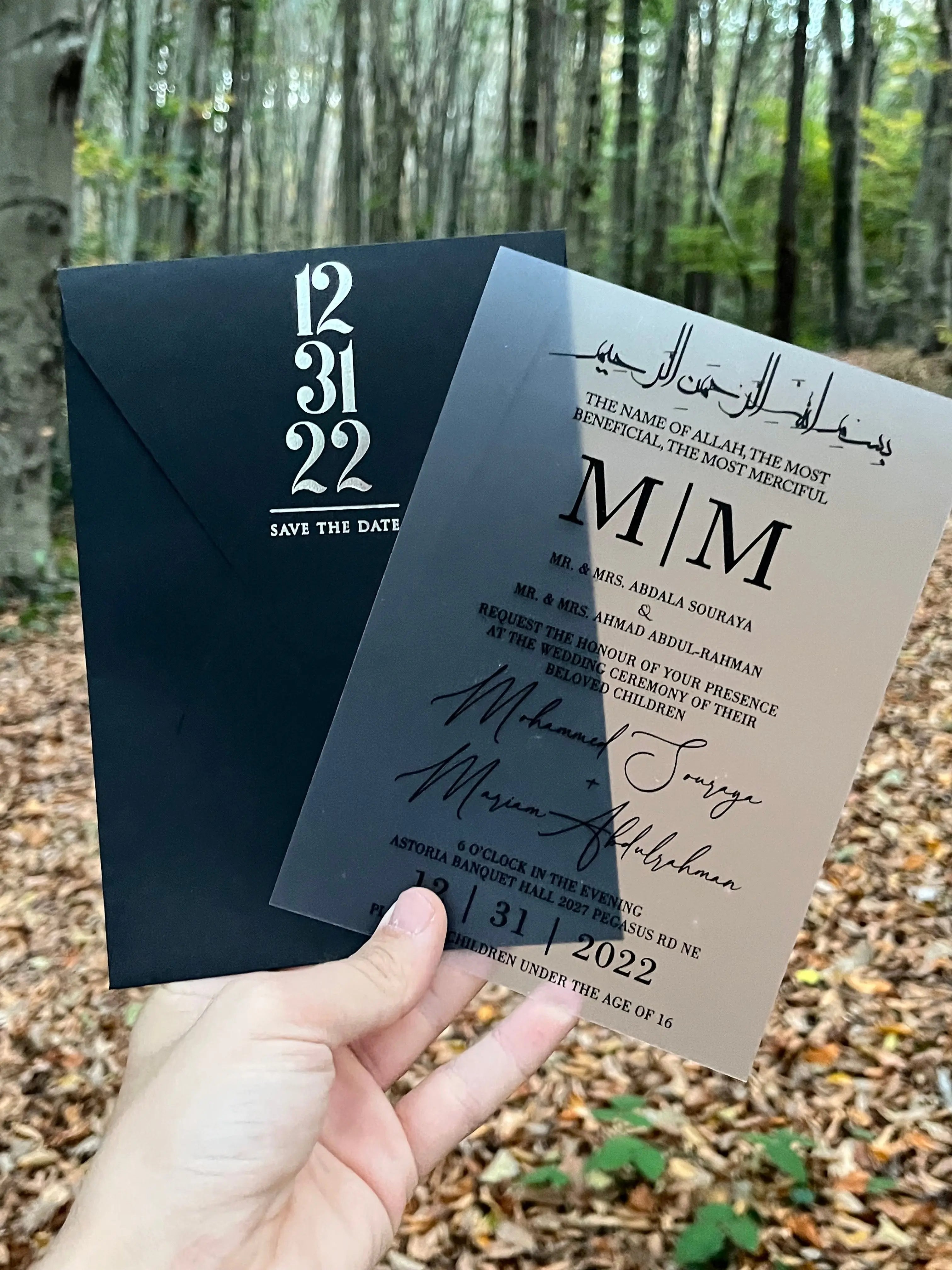 Frosted Acrylic Wedding Invitation with Black Print & Black Envelope LunaInvites