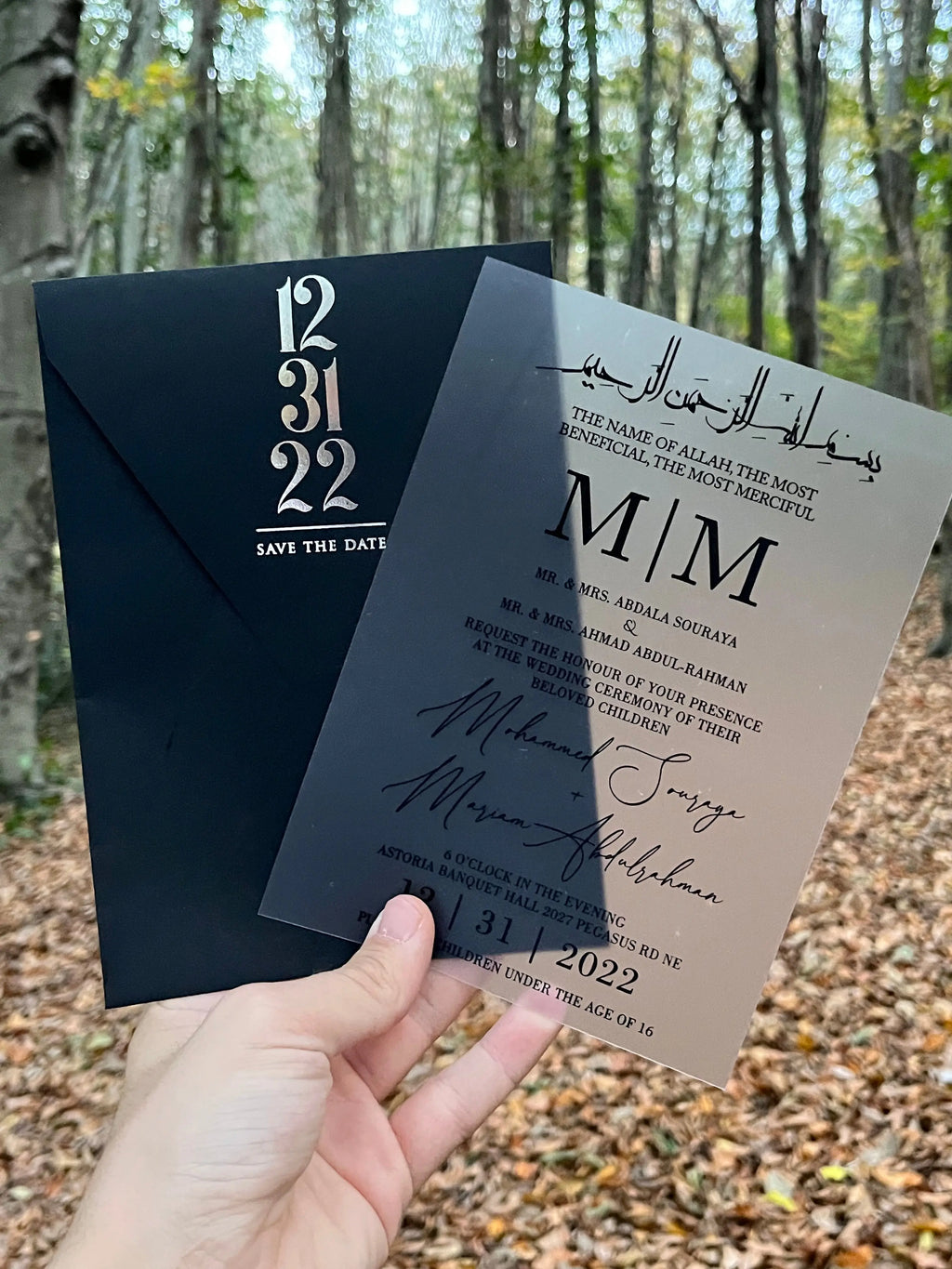 Frosted Acrylic Wedding Invitation with Black Print & Black Envelope LunaInvites