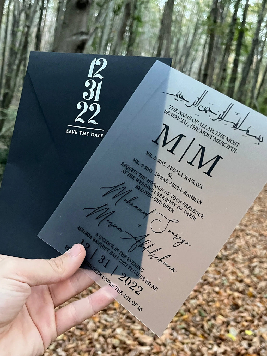 Frosted Acrylic Wedding Invitation with Black Print & Black Envelope LunaInvites