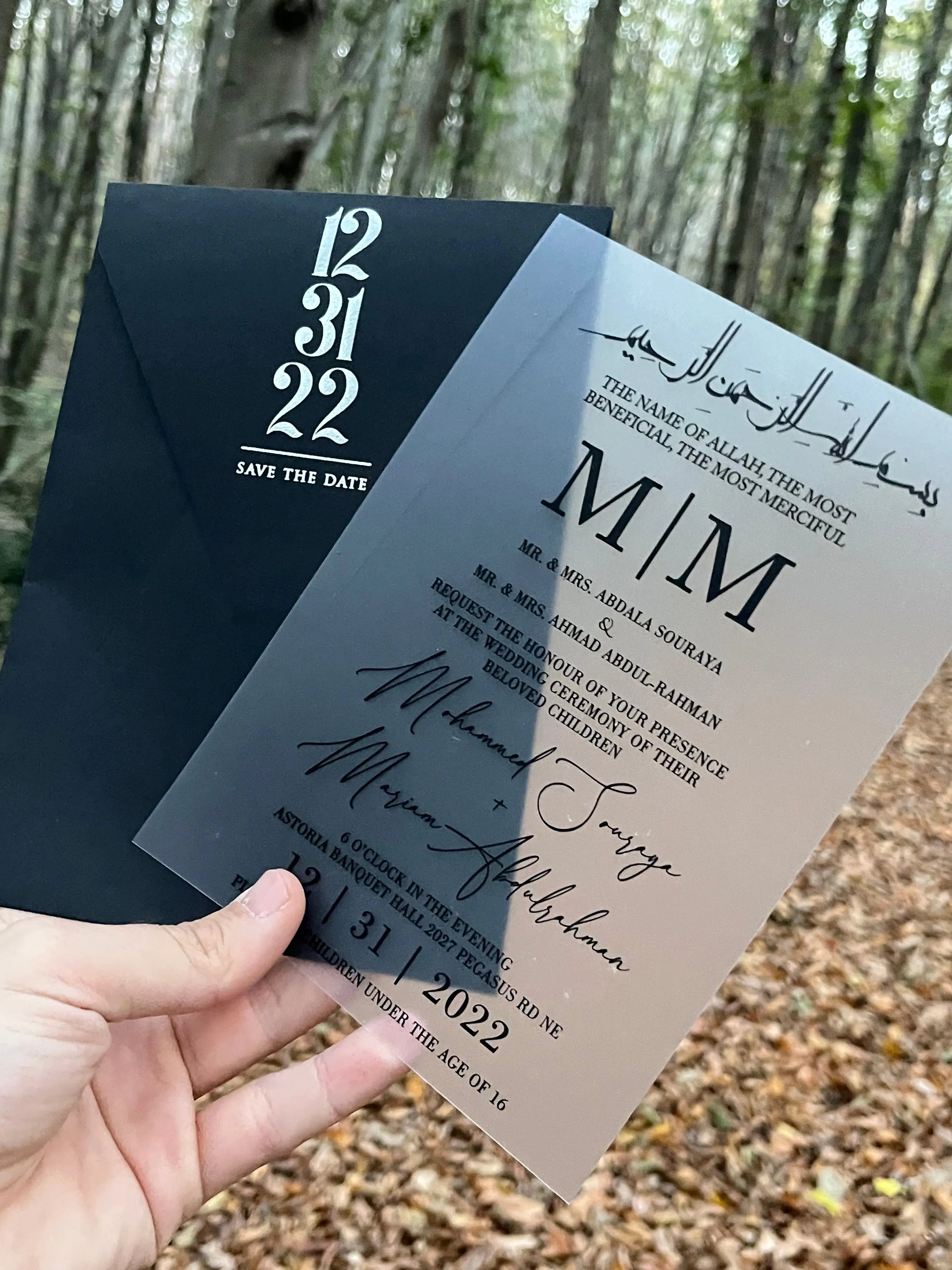 Frosted Acrylic Wedding Invitation with Black Print & Black Envelope LunaInvites