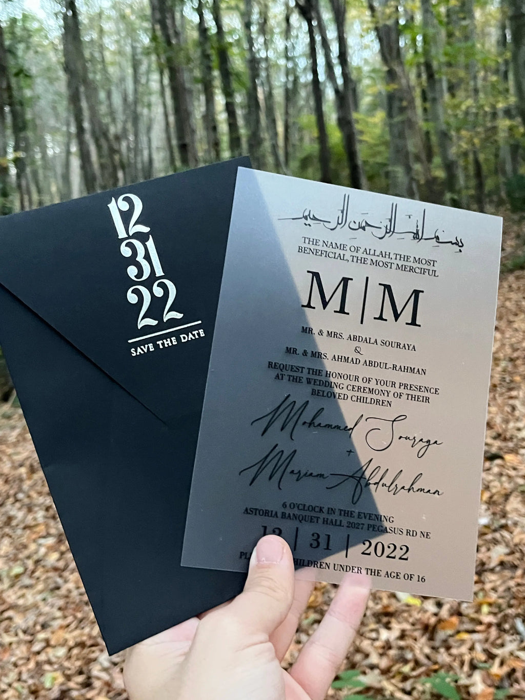 Frosted Acrylic Wedding Invitation with Black Print & Black Envelope LunaInvites