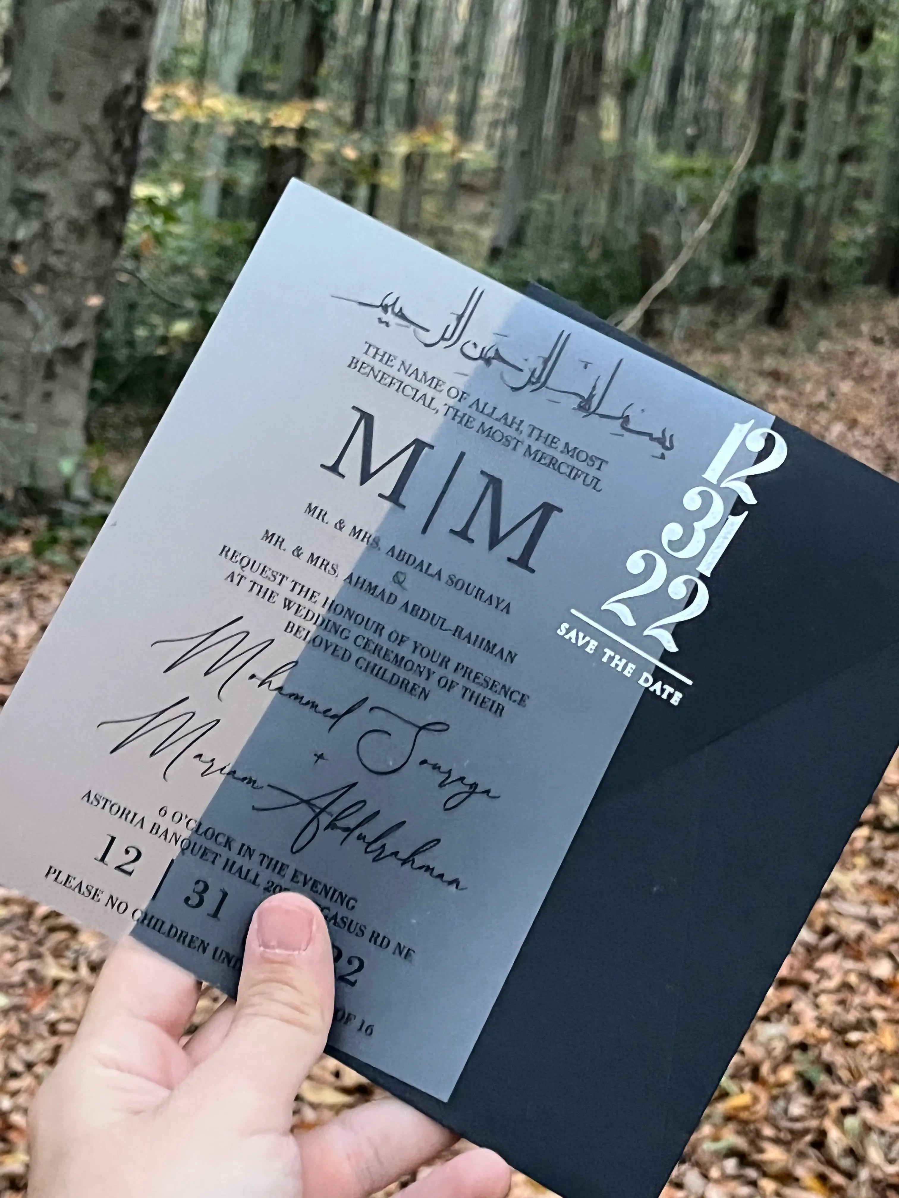 Frosted Acrylic Wedding Invitation with Black Print & Black Envelope LunaInvites