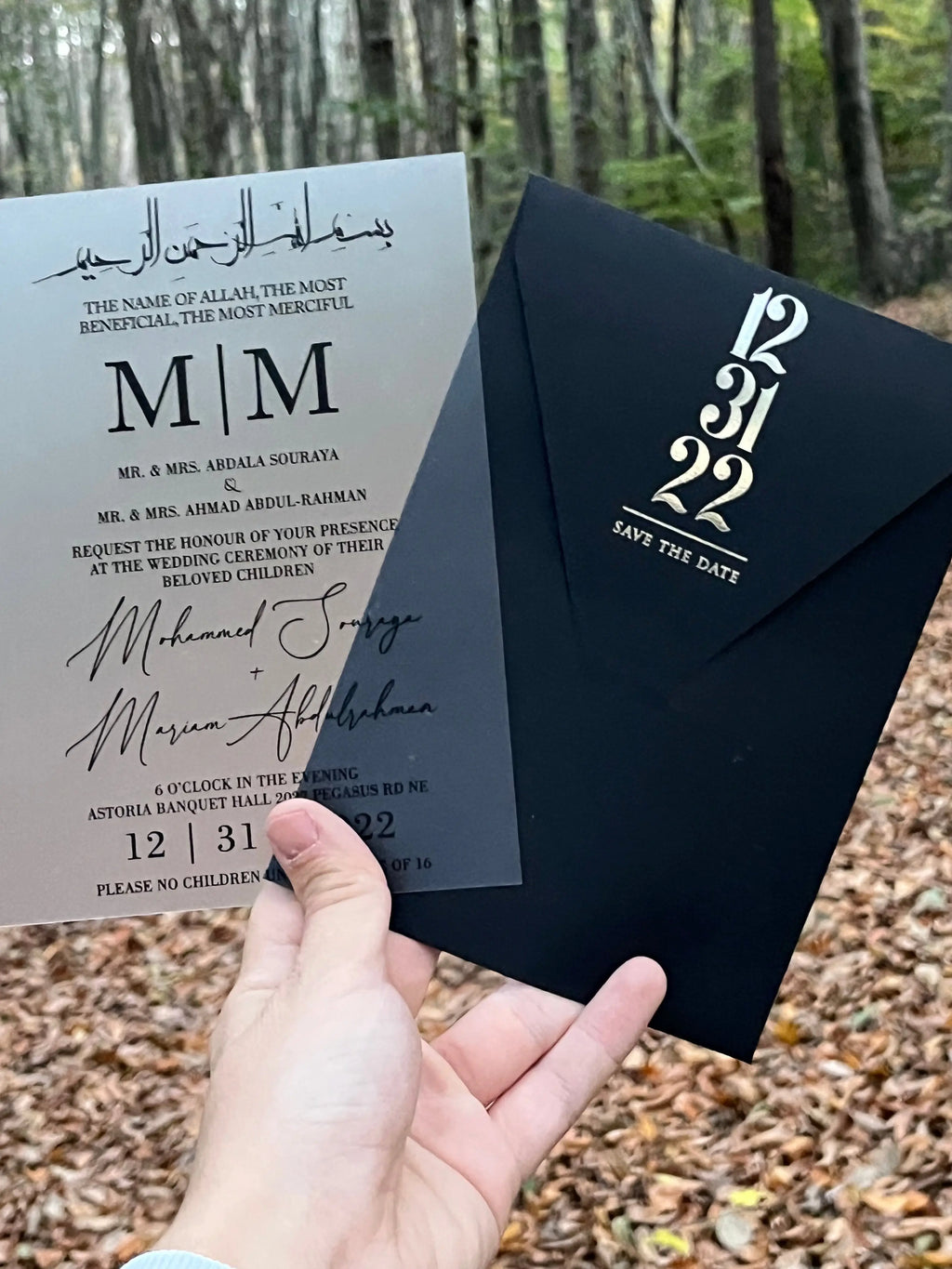 Frosted Acrylic Wedding Invitation with Black Print & Black Envelope LunaInvites