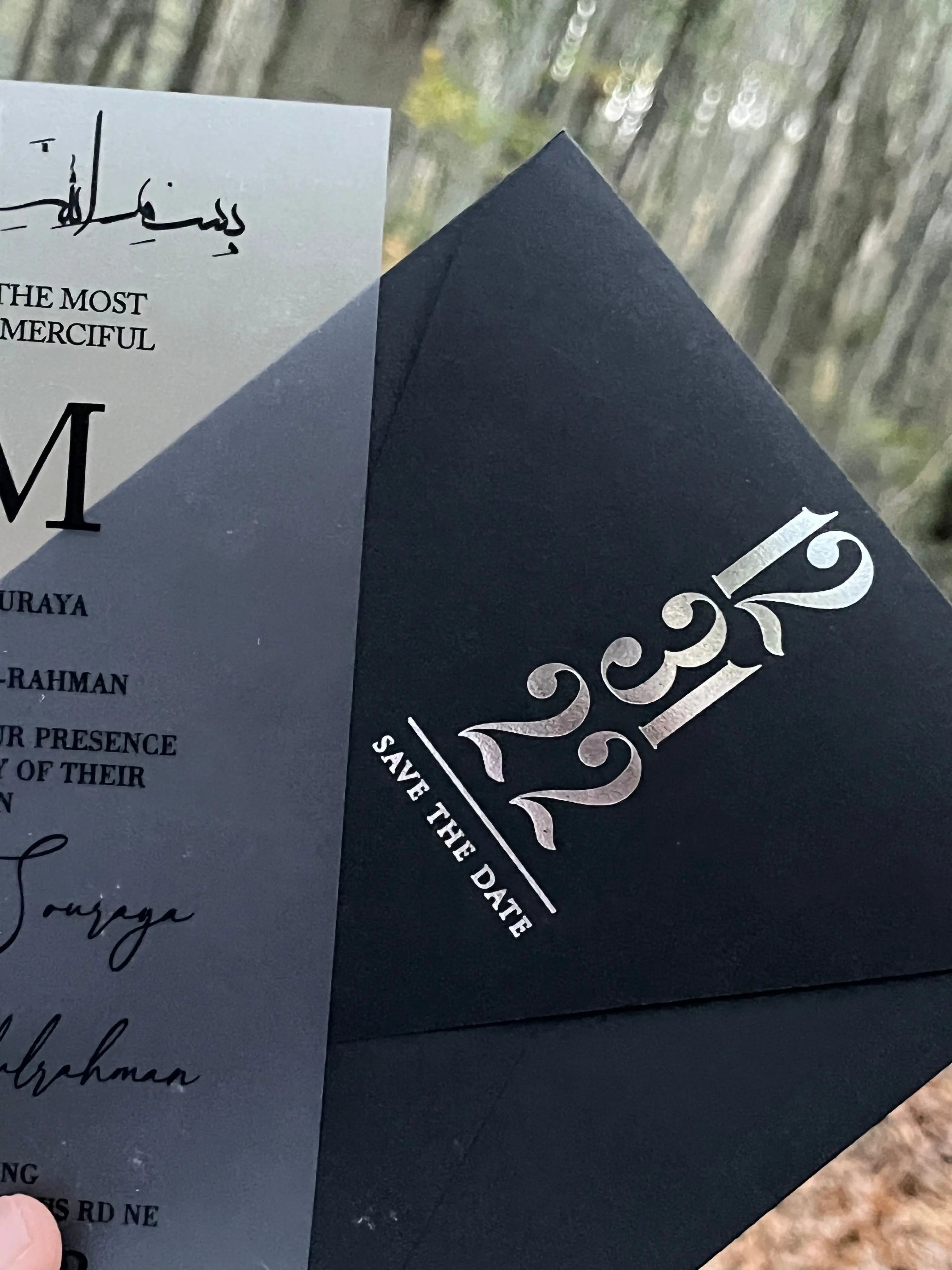 Frosted Acrylic Wedding Invitation with Black Print & Black Envelope LunaInvites