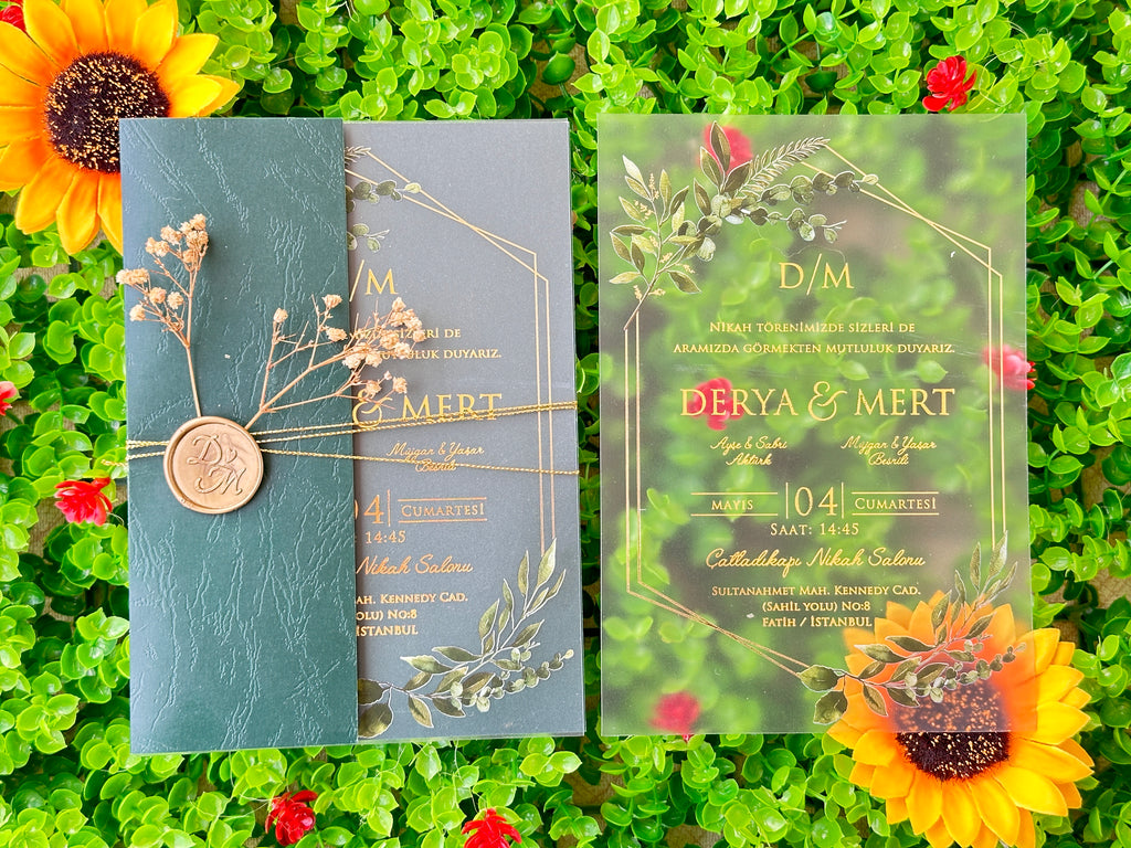 Frosted Acrylic Wedding Invitation with Green Envelope, Gold Print & Wax Seal - LunaInvites