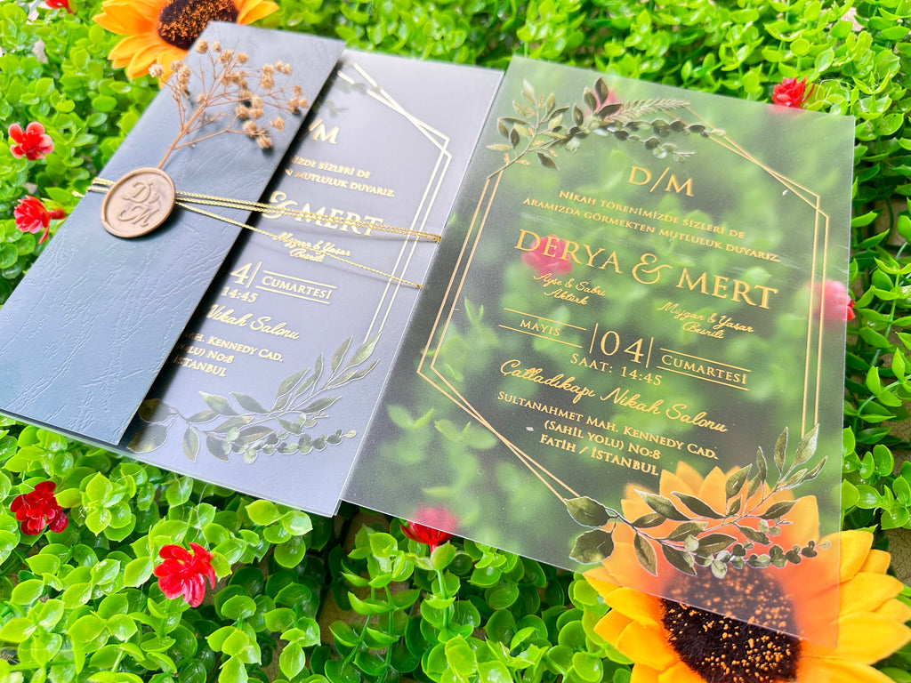 Frosted Acrylic Wedding Invitation with Green Envelope, Gold Print & Wax Seal - LunaInvites