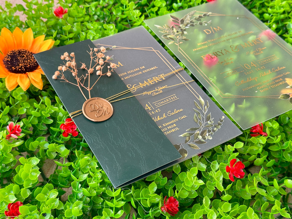 Frosted Acrylic Wedding Invitation with Green Envelope, Gold Print & Wax Seal - LunaInvites