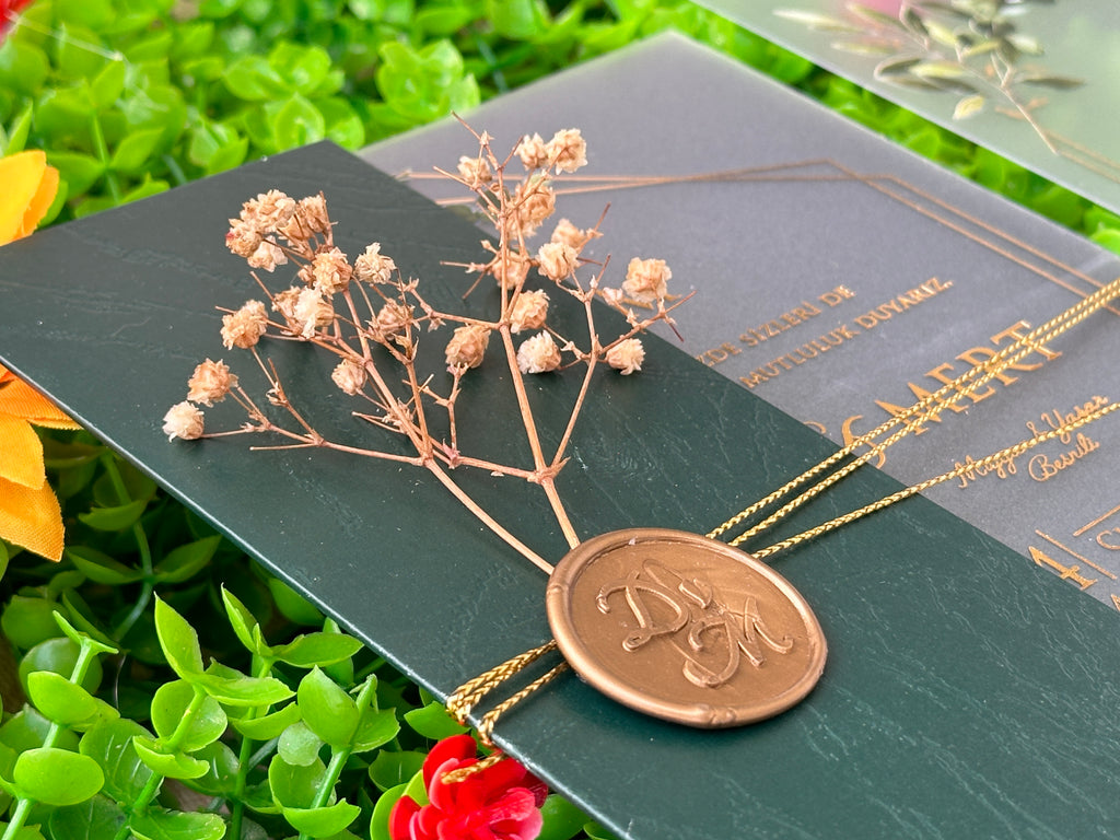 Frosted Acrylic Wedding Invitation with Green Envelope, Gold Print & Wax Seal - LunaInvites