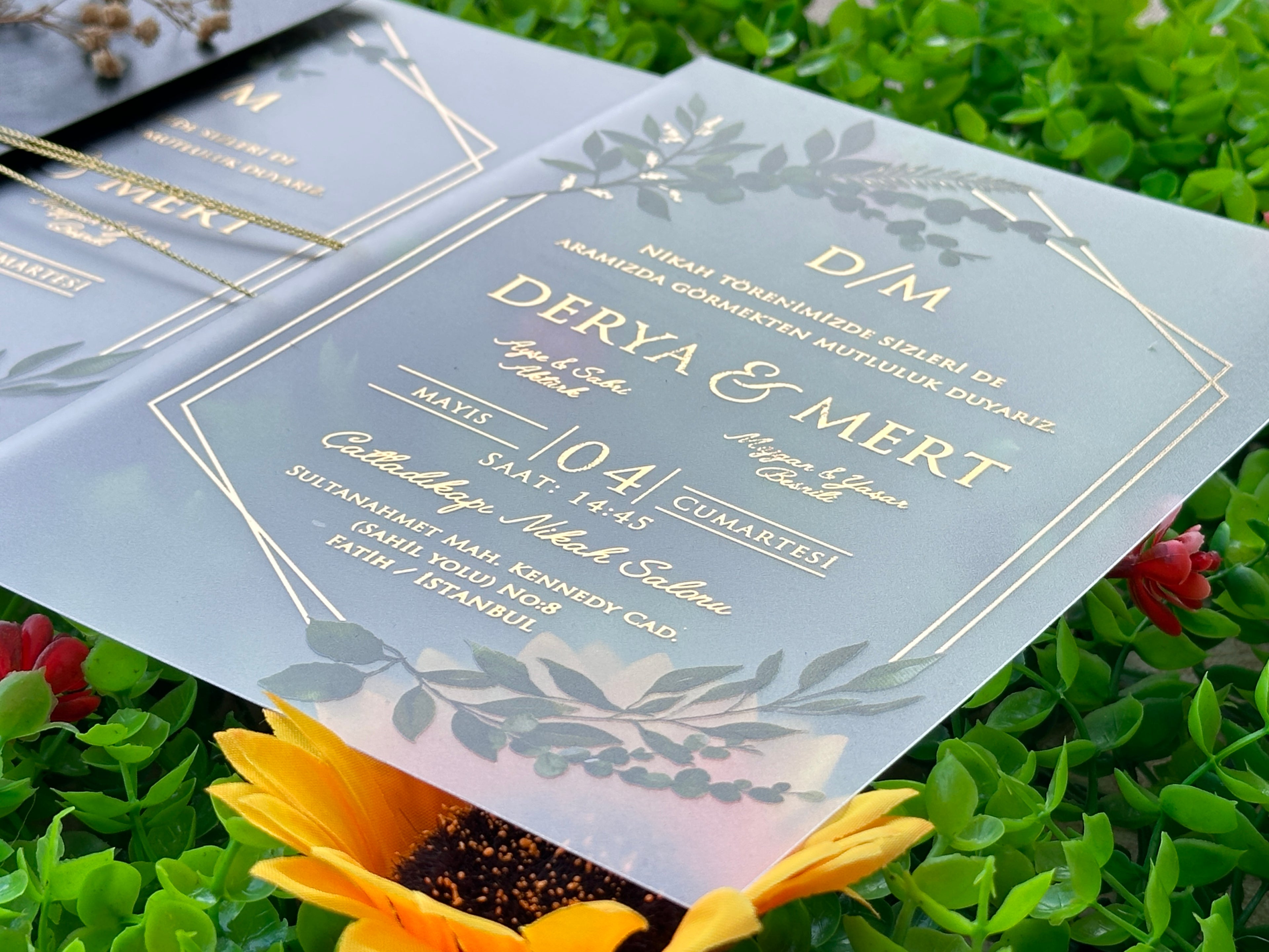 Frosted Acrylic Wedding Invitation with Green Envelope, Gold Print & Wax Seal - LunaInvites