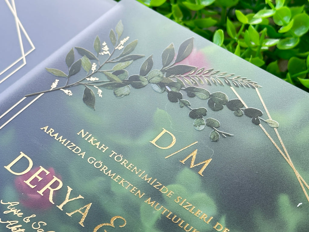 Frosted Acrylic Wedding Invitation with Green Envelope, Gold Print & Wax Seal - LunaInvites