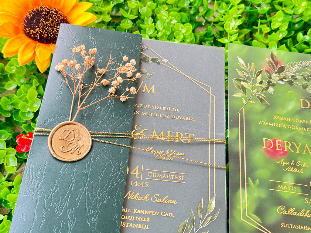 Frosted Acrylic Wedding Invitation with Green Envelope, Gold Print & Wax Seal - LunaInvites