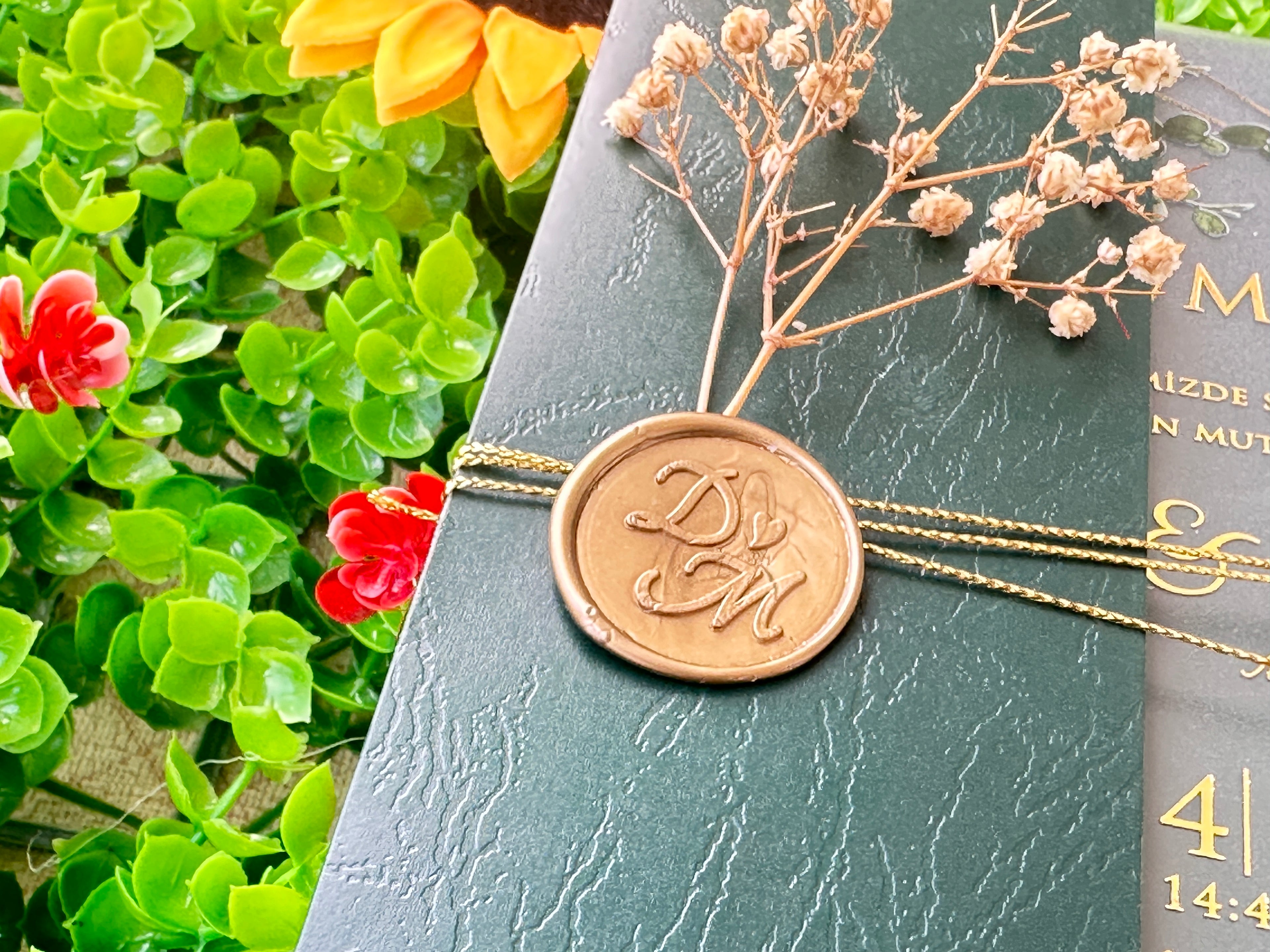 Frosted Acrylic Wedding Invitation with Green Envelope, Gold Print & Wax Seal - LunaInvites