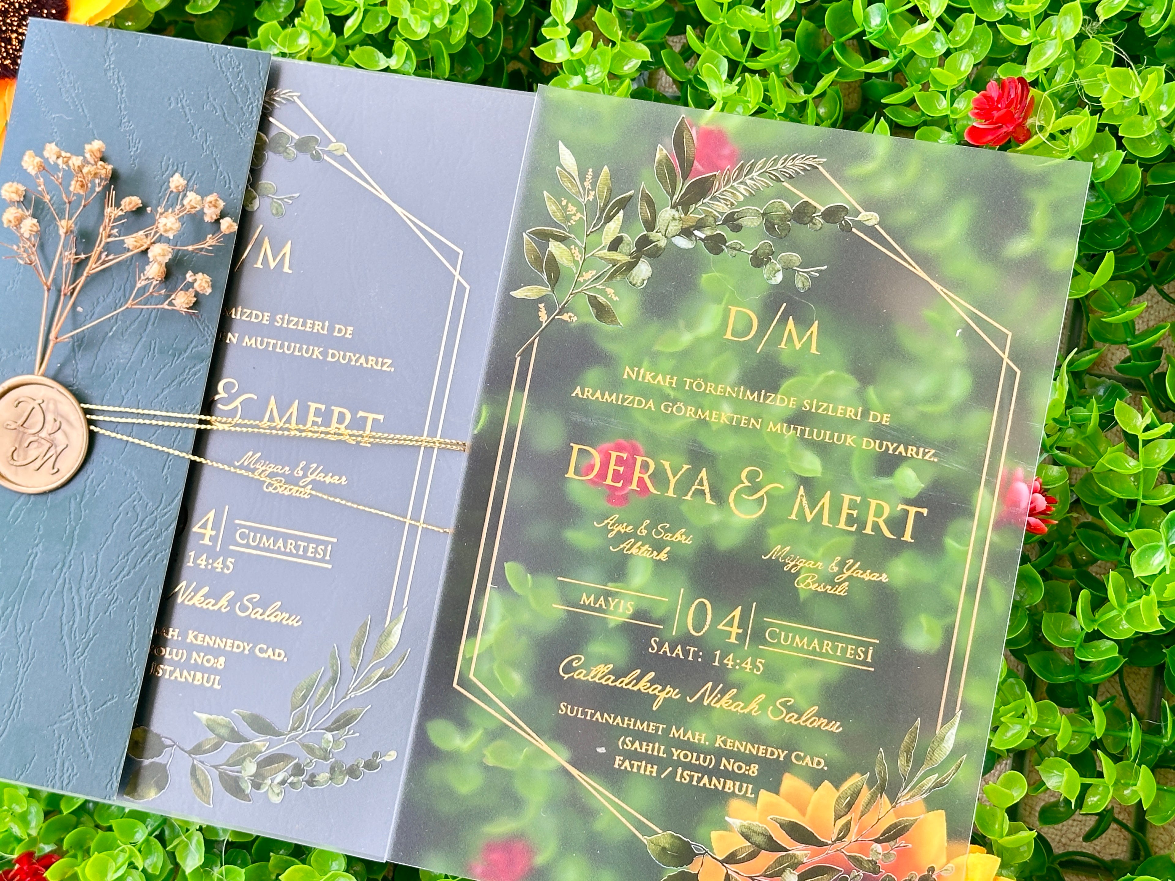 Frosted Acrylic Wedding Invitation with Green Envelope, Gold Print & Wax Seal - LunaInvites