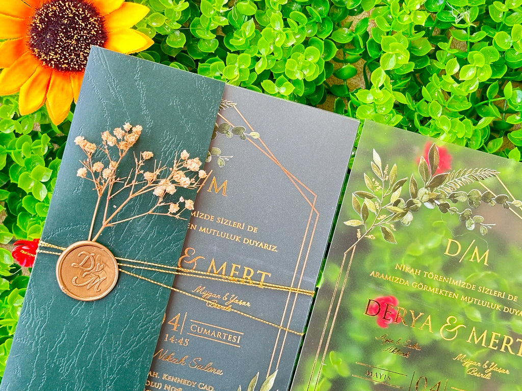 Frosted Acrylic Wedding Invitation with Green Envelope, Gold Print & Wax Seal - LunaInvites