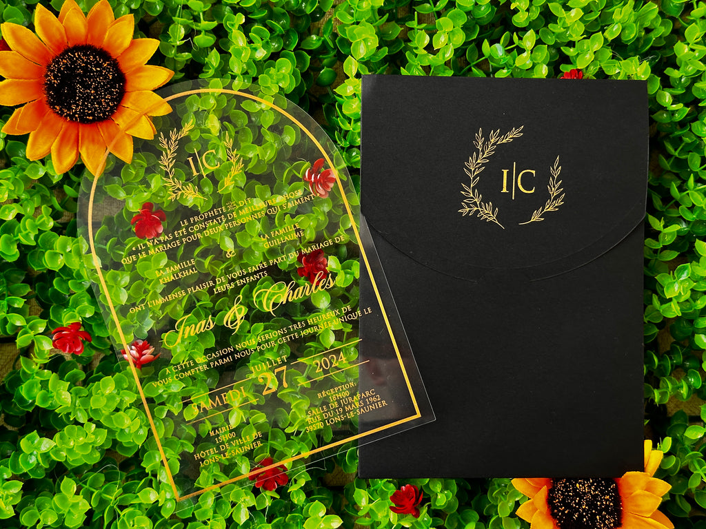 Clear Acrylic Wedding Invitation with Gold Print & Black Envelope - LunaInvites