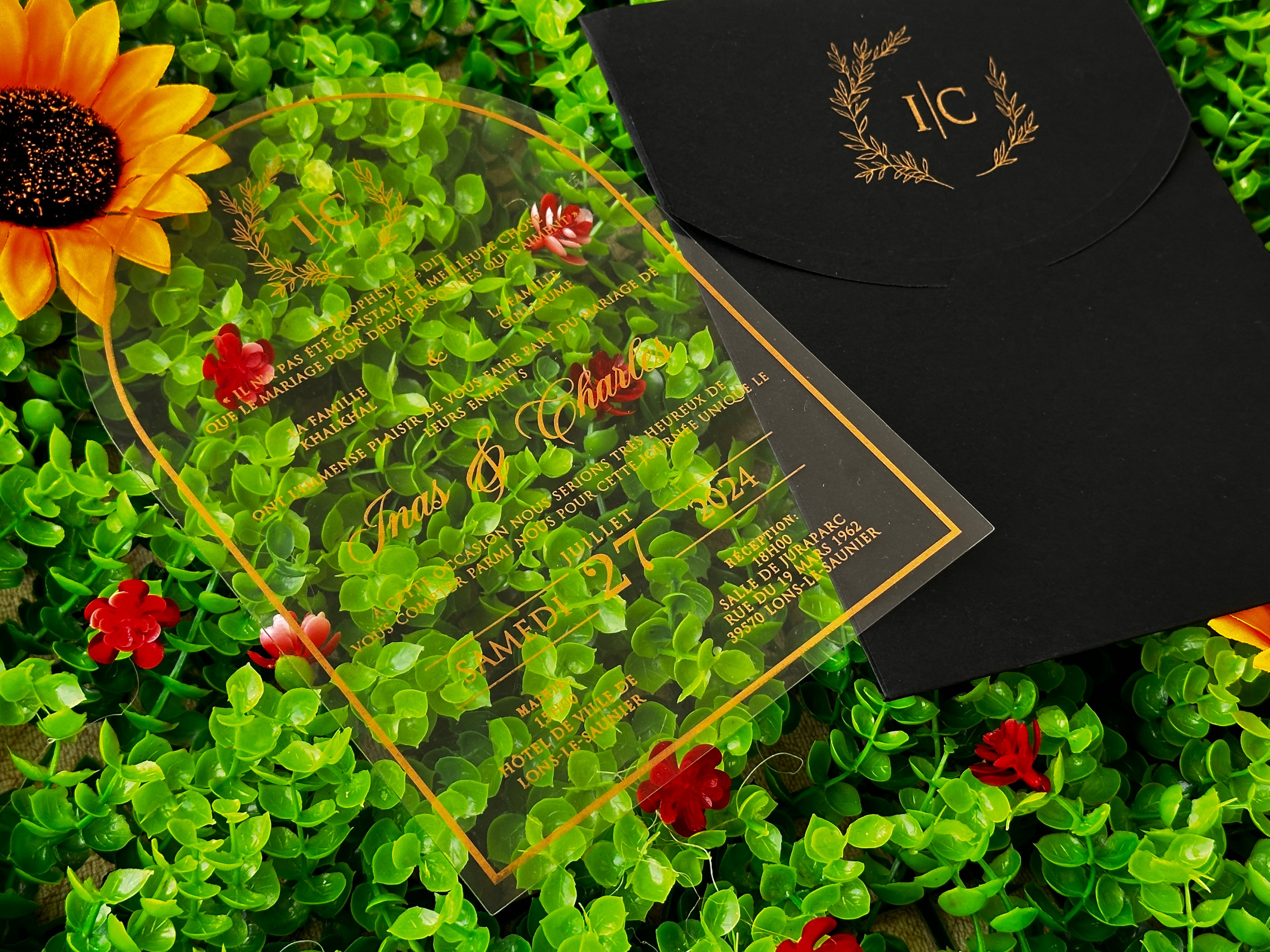 Clear Acrylic Wedding Invitation with Gold Print & Black Envelope - LunaInvites