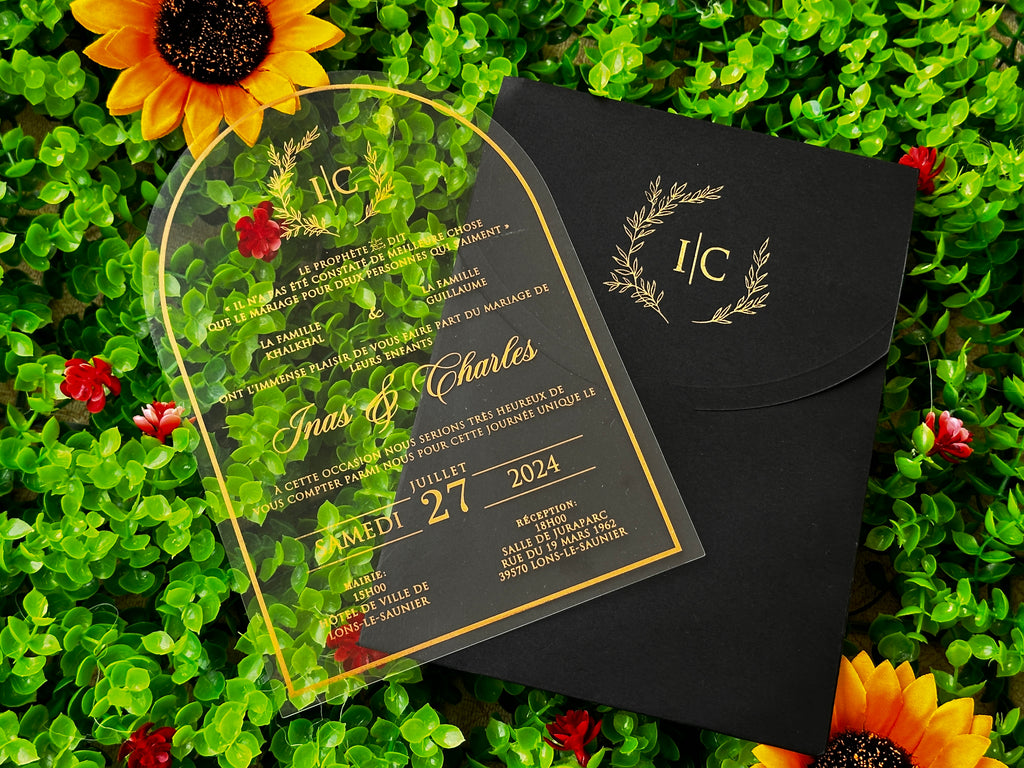 Clear Acrylic Wedding Invitation with Gold Print & Black Envelope - LunaInvites
