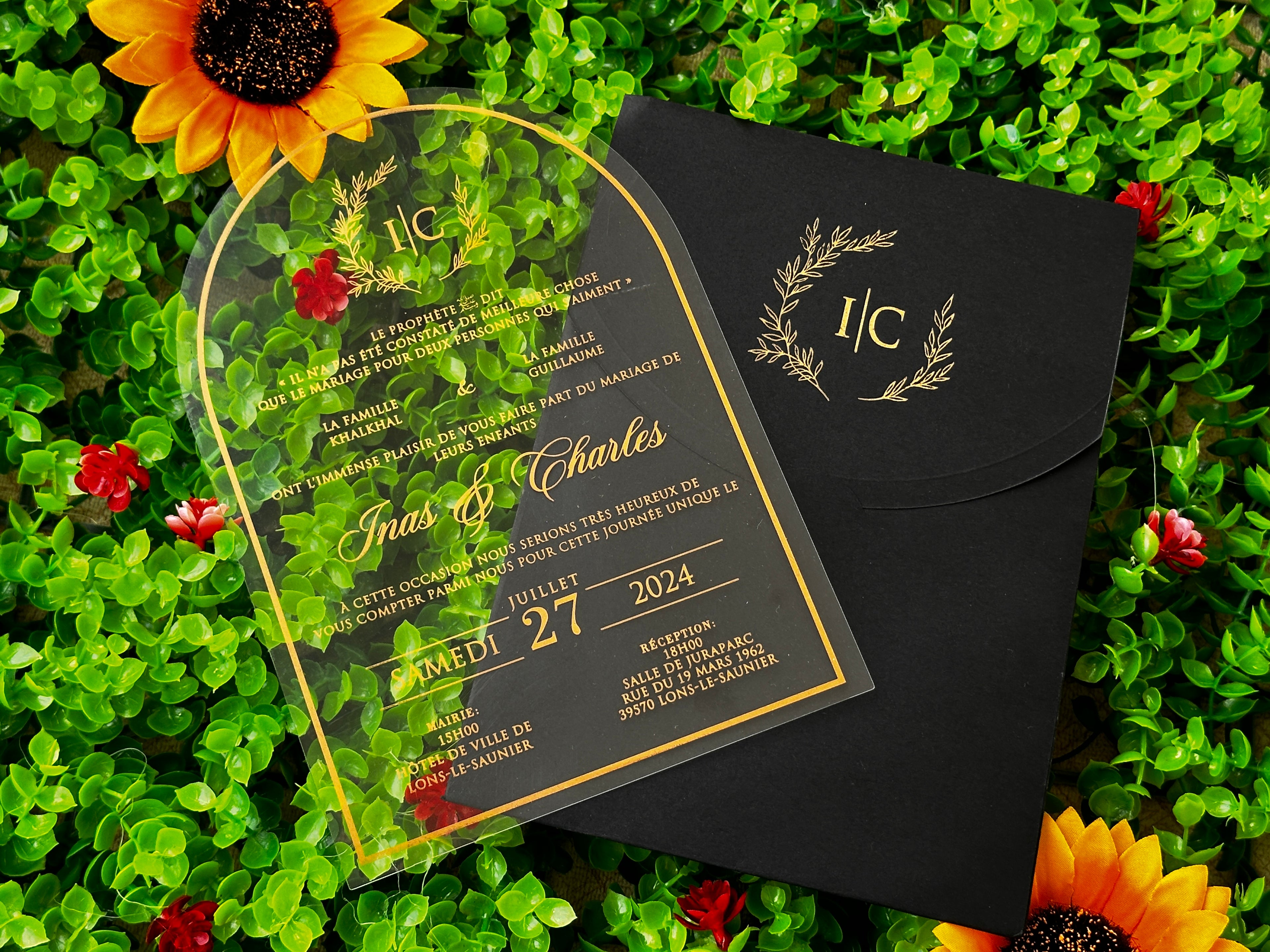 Clear Acrylic Wedding Invitation with Gold Print & Black Envelope - LunaInvites