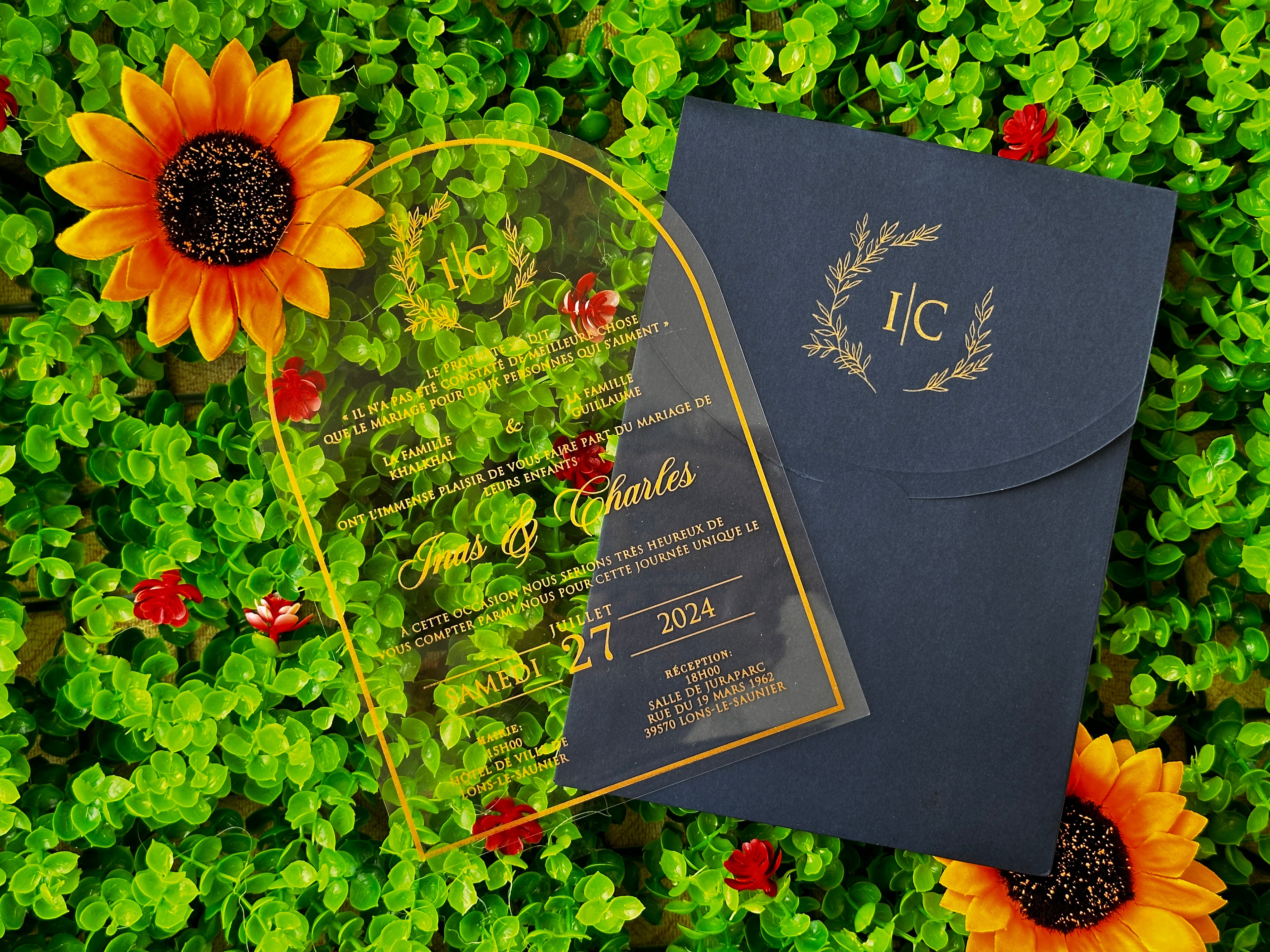 Clear Acrylic Wedding Invitation with Gold Print & Navy Envelope - LunaInvites