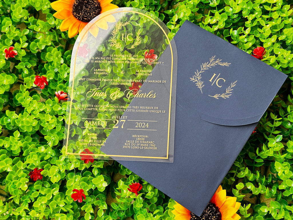 Clear Acrylic Wedding Invitation with Gold Print & Navy Envelope - LunaInvites