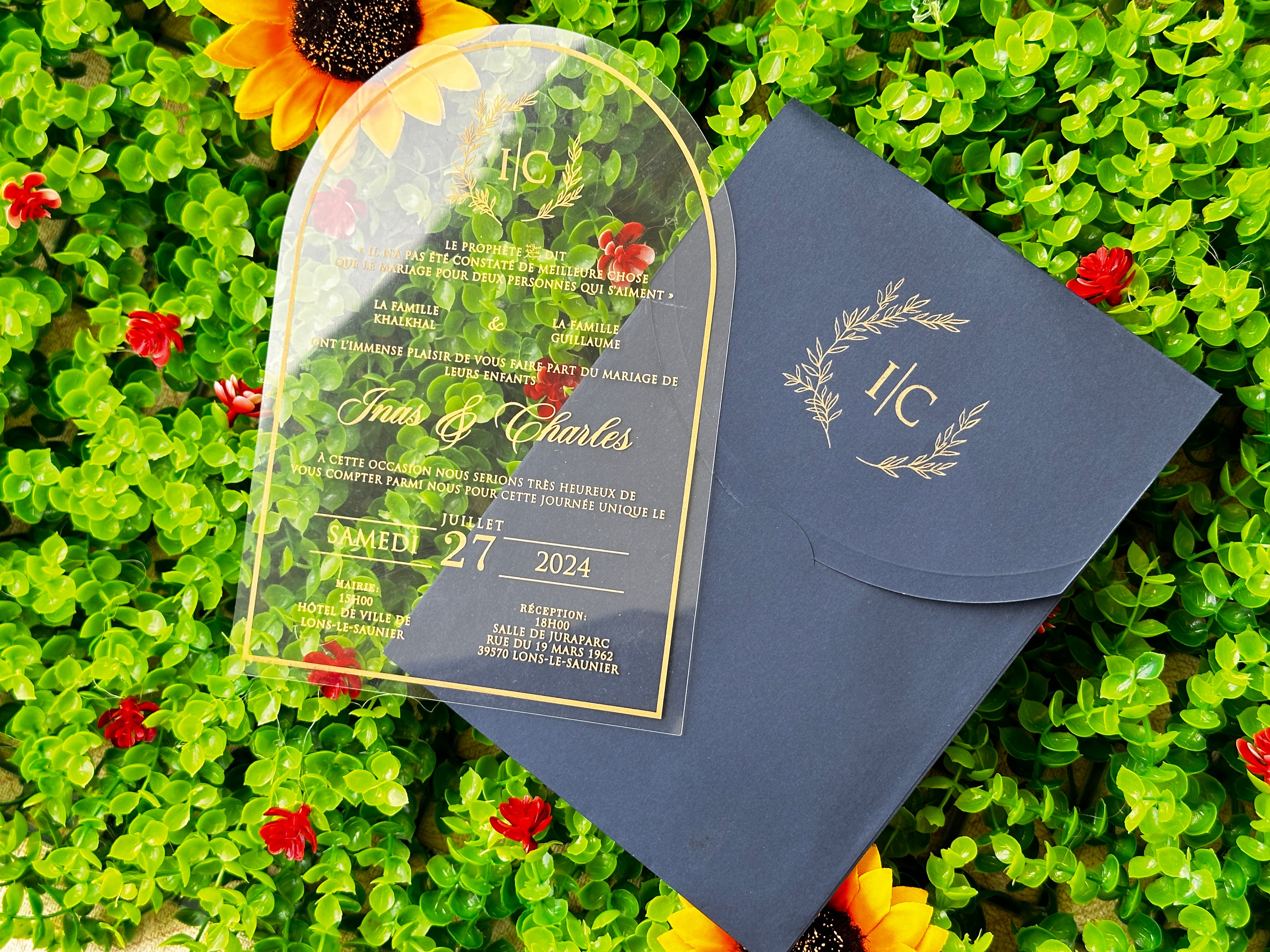 Clear Acrylic Wedding Invitation with Gold Print & Navy Envelope - LunaInvites