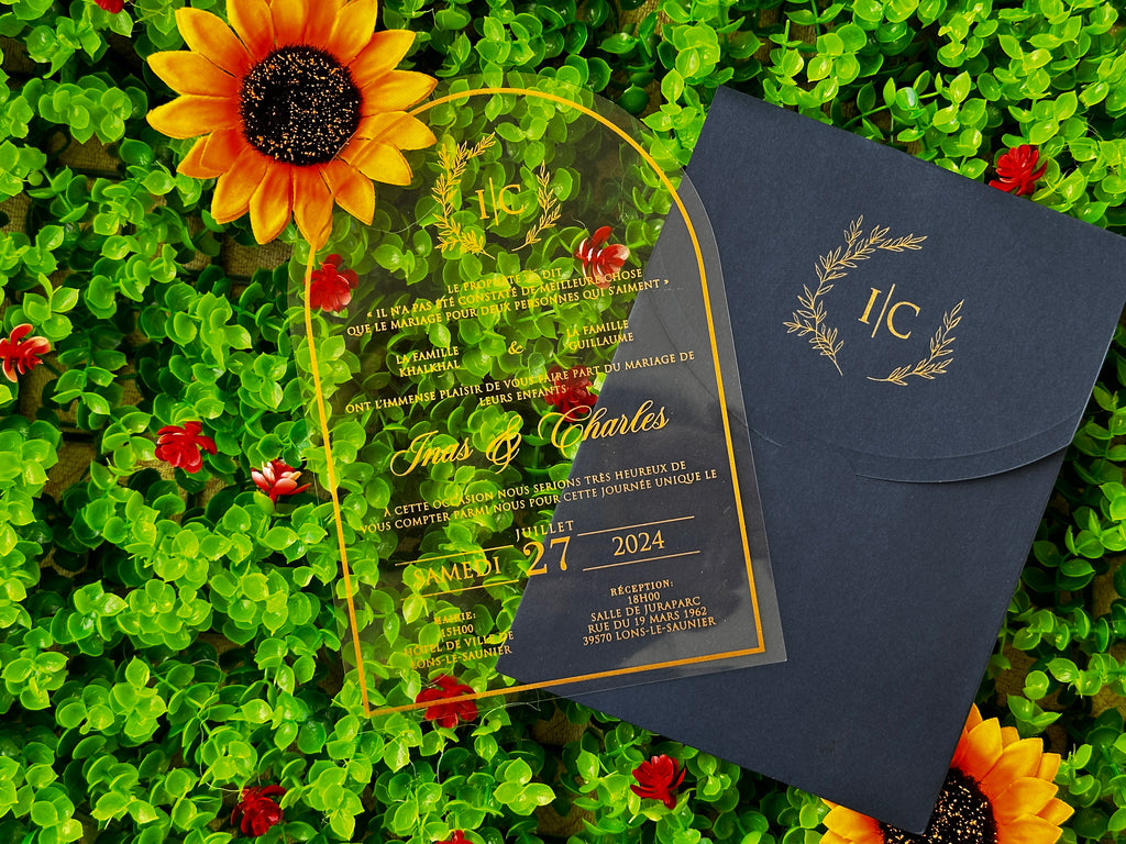 Clear Acrylic Wedding Invitation with Gold Print & Navy Envelope - LunaInvites