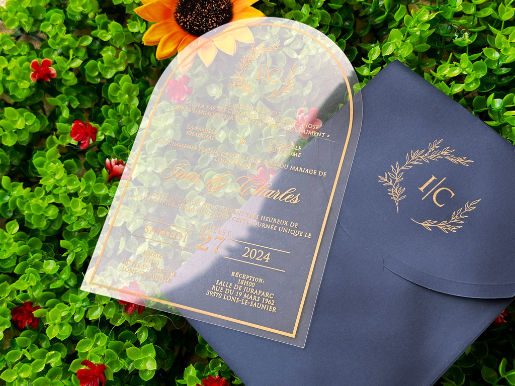 Clear Acrylic Wedding Invitation with Gold Print & Navy Envelope - LunaInvites