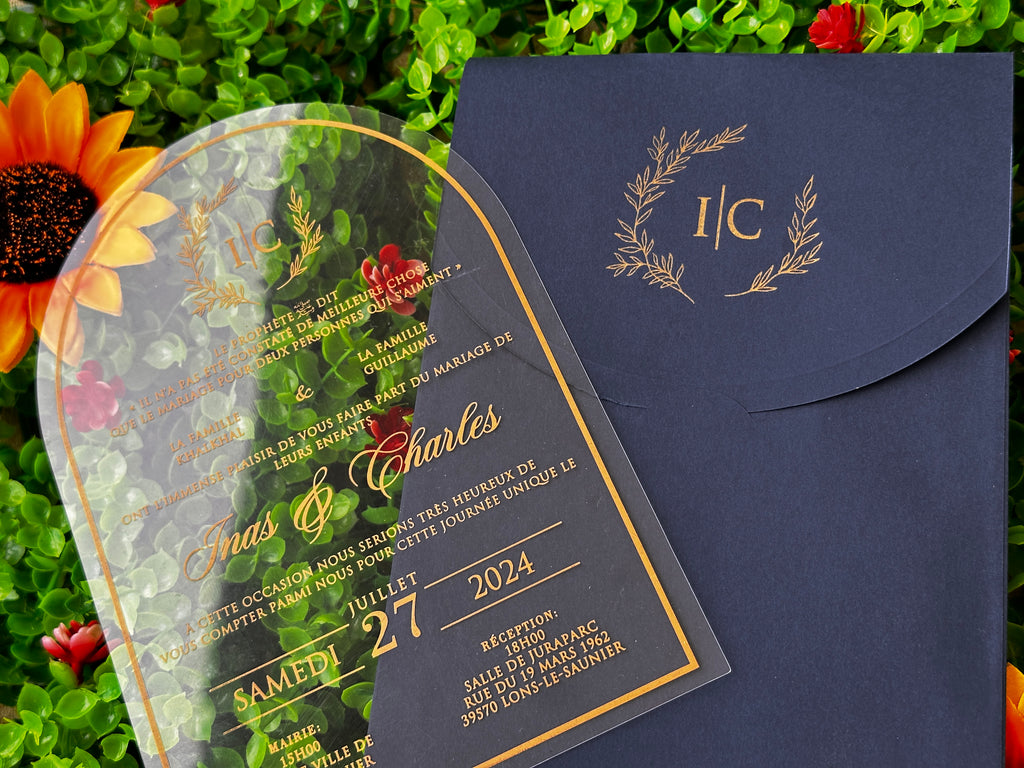 Clear Acrylic Wedding Invitation with Gold Print & Navy Envelope - LunaInvites