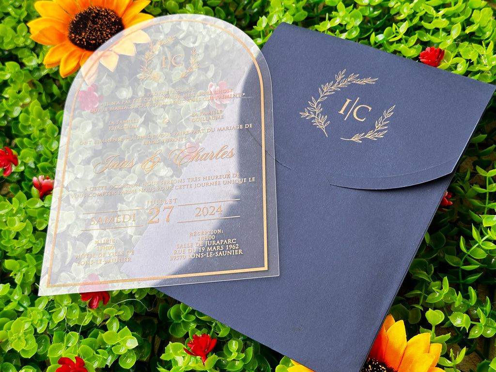 Clear Acrylic Wedding Invitation with Gold Print & Navy Envelope - LunaInvites