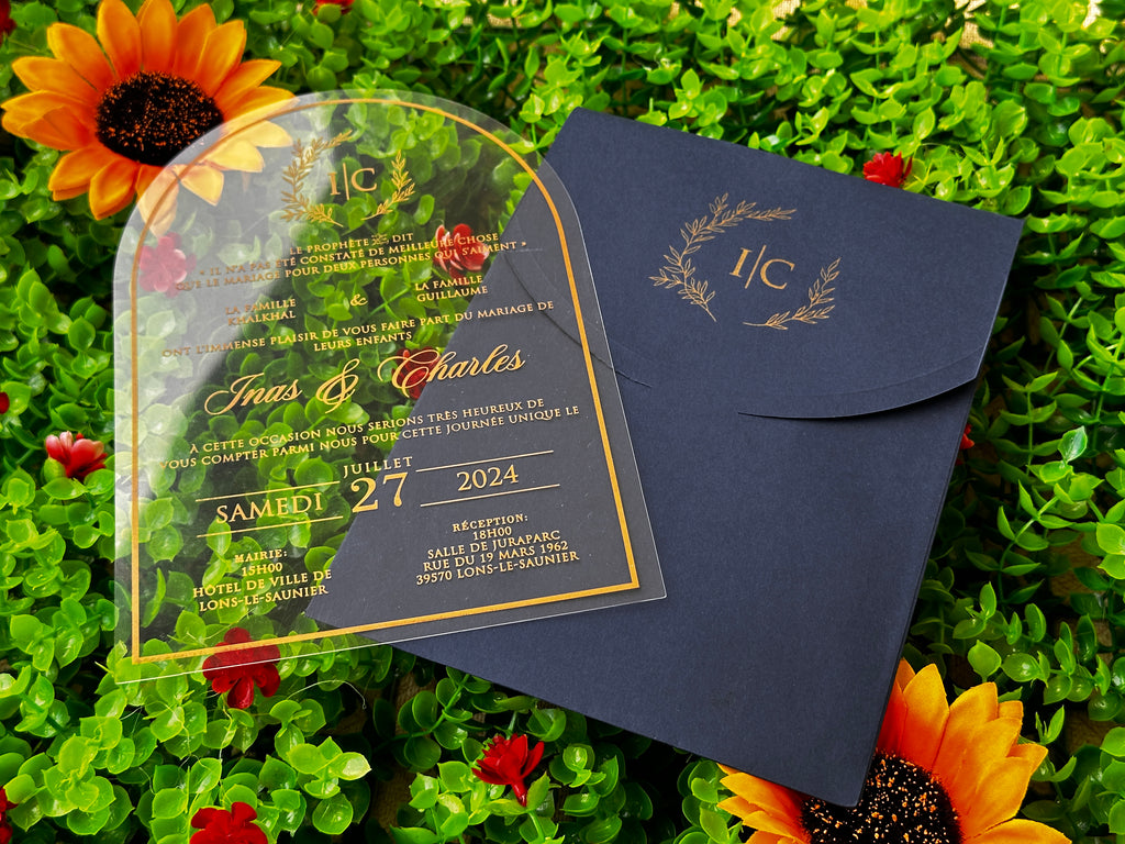 Clear Acrylic Wedding Invitation with Gold Print & Navy Envelope - LunaInvites