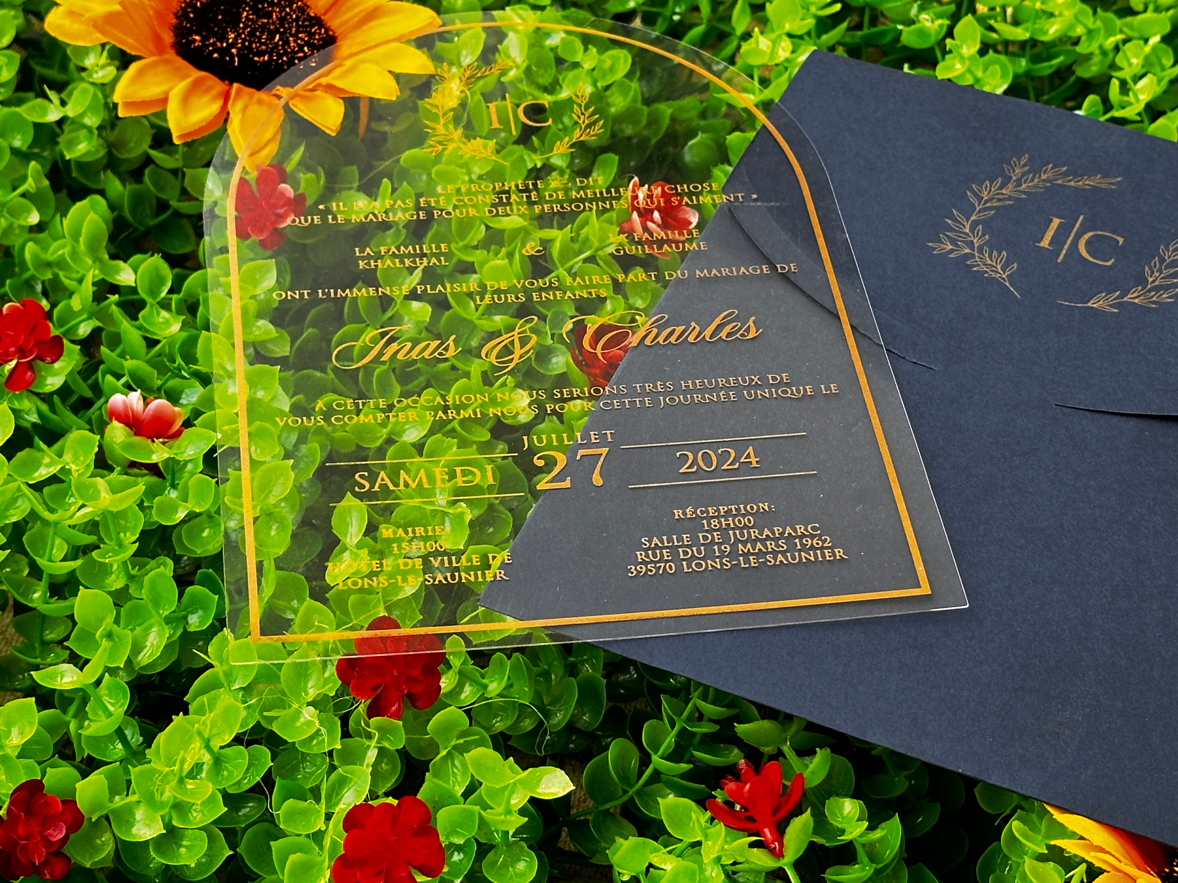 Clear Acrylic Wedding Invitation with Gold Print & Navy Envelope - LunaInvites