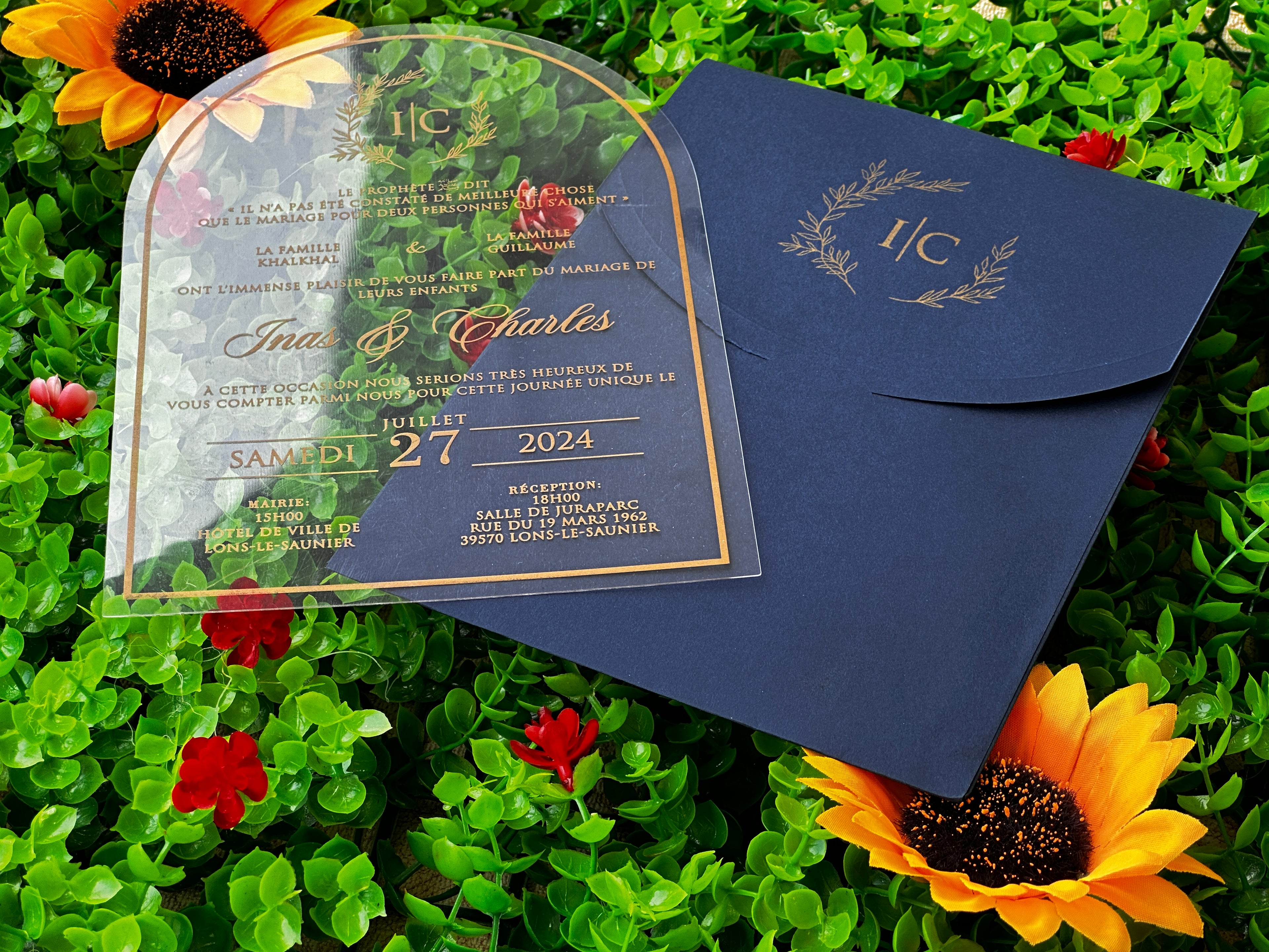 Clear Acrylic Wedding Invitation with Gold Print & Navy Envelope - LunaInvites