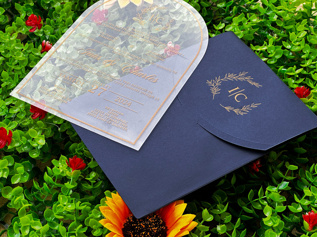 Clear Acrylic Wedding Invitation with Gold Print & Navy Envelope - LunaInvites