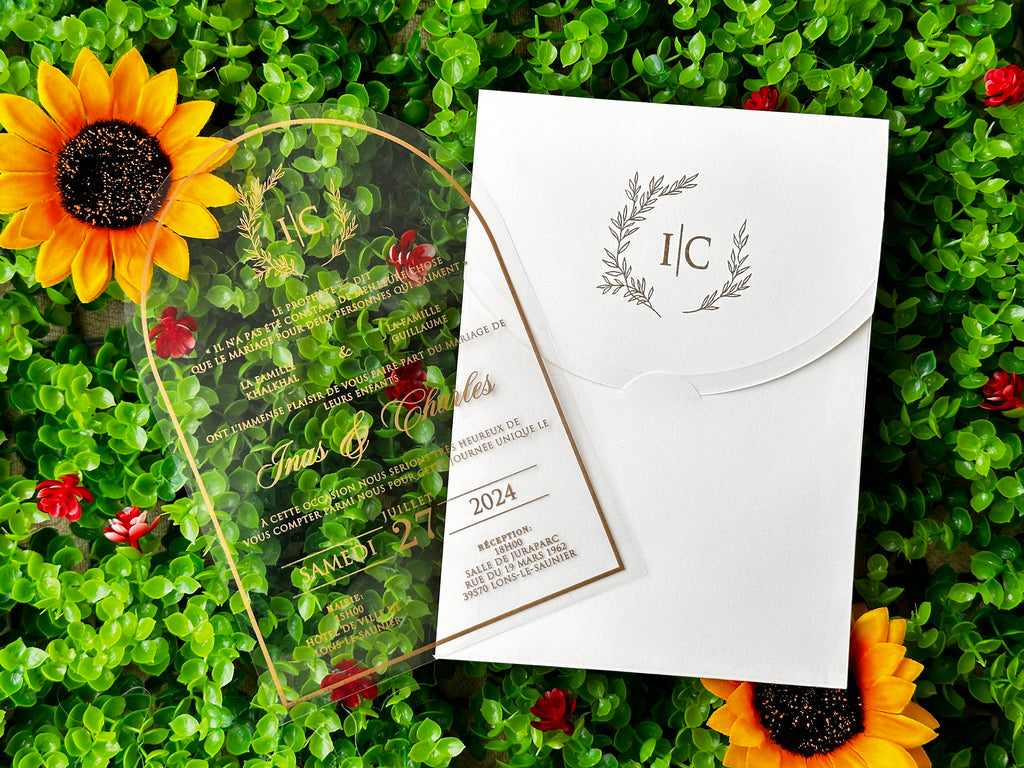 Clear Acrylic Wedding Invitation with Gold Print & White Envelope - LunaInvites
