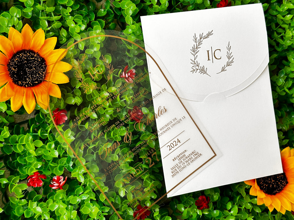 Clear Acrylic Wedding Invitation with Gold Print & White Envelope - LunaInvites