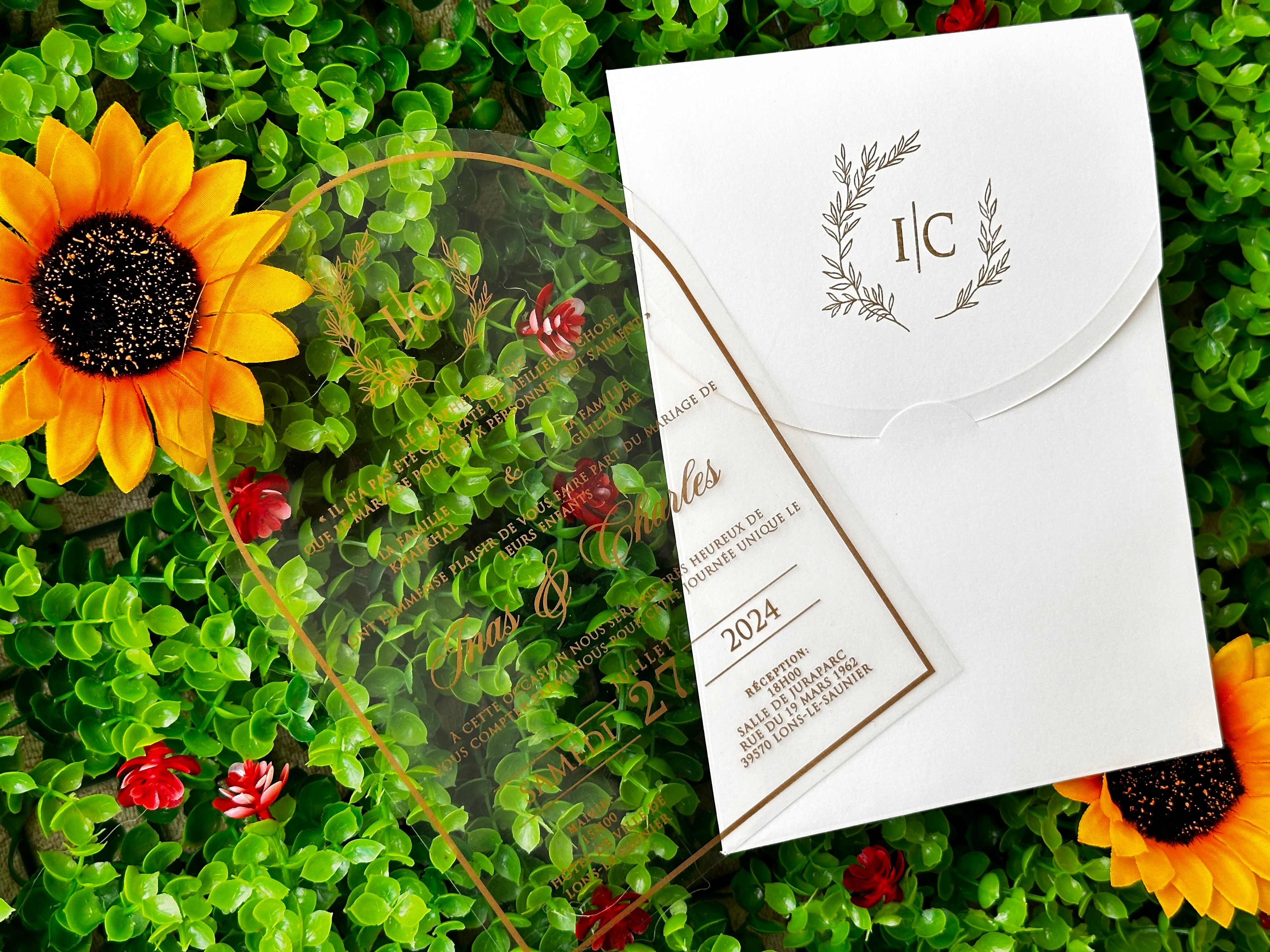 Clear Acrylic Wedding Invitation with Gold Print & White Envelope - LunaInvites