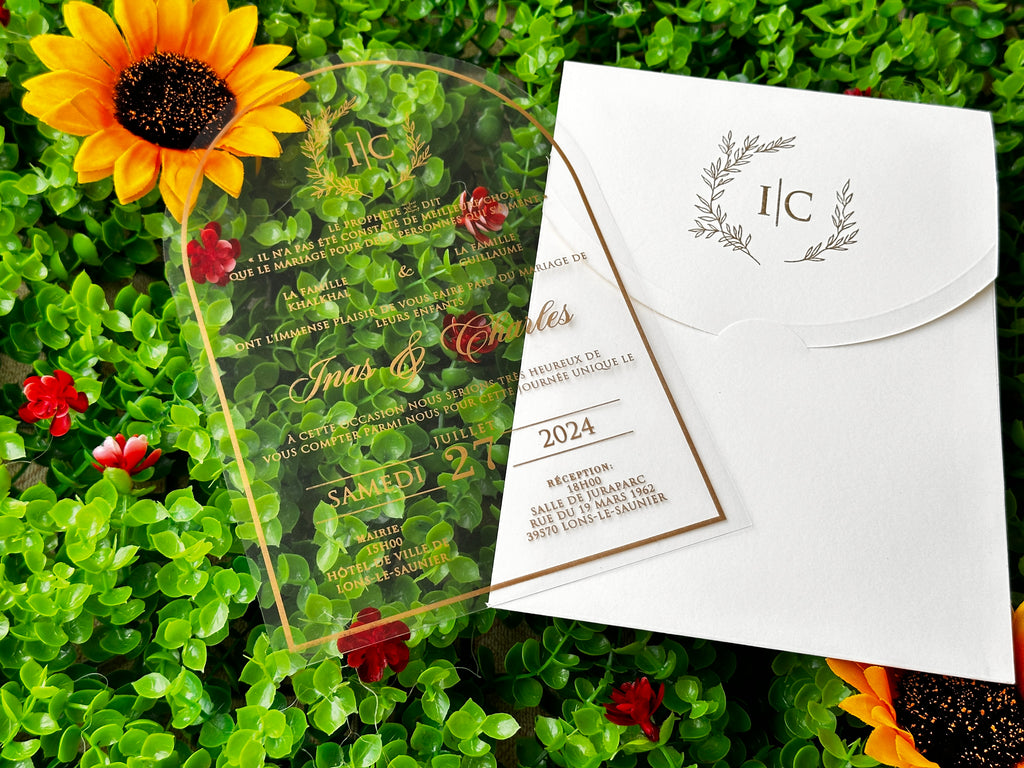 Clear Acrylic Wedding Invitation with Gold Print & White Envelope - LunaInvites