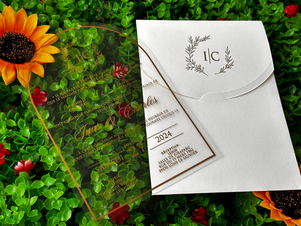 Clear Acrylic Wedding Invitation with Gold Print & White Envelope - LunaInvites