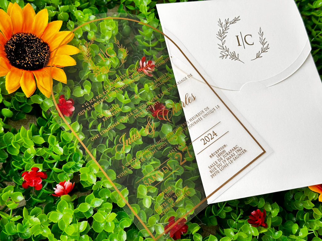 Clear Acrylic Wedding Invitation with Gold Print & White Envelope - LunaInvites
