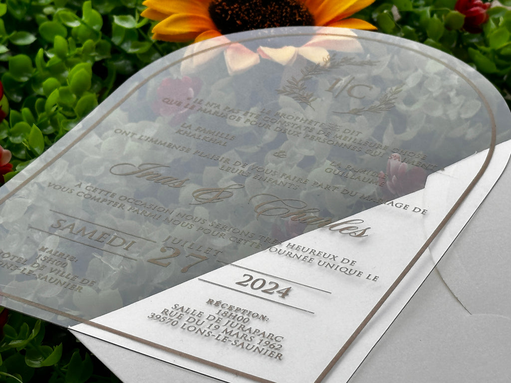 Clear Acrylic Wedding Invitation with Gold Print & White Envelope - LunaInvites