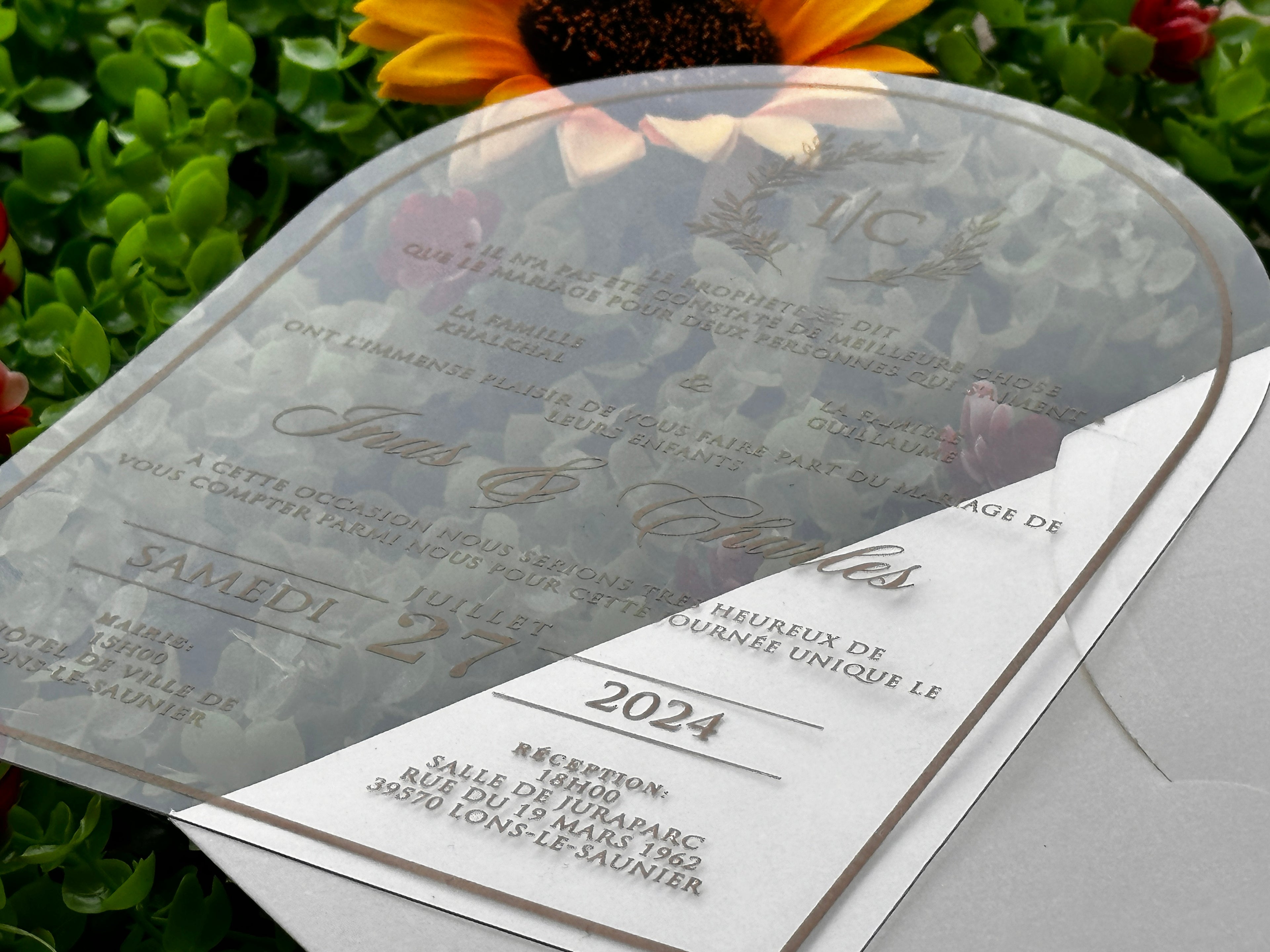 Clear Acrylic Wedding Invitation with Gold Print & White Envelope - LunaInvites