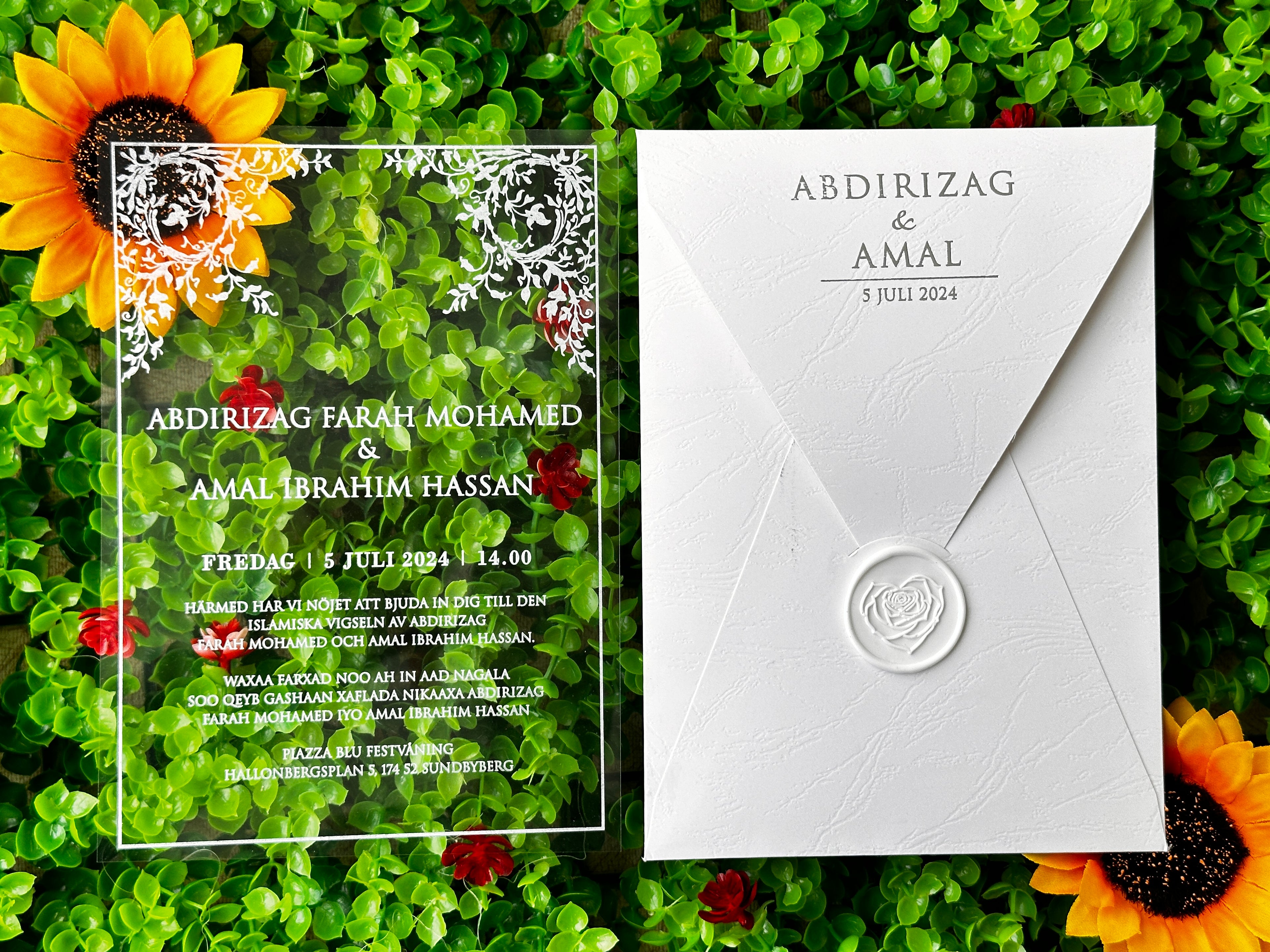 Clear Acrylic Wedding Invitation with White Print, White Envelope & Silver Details - LunaInvites