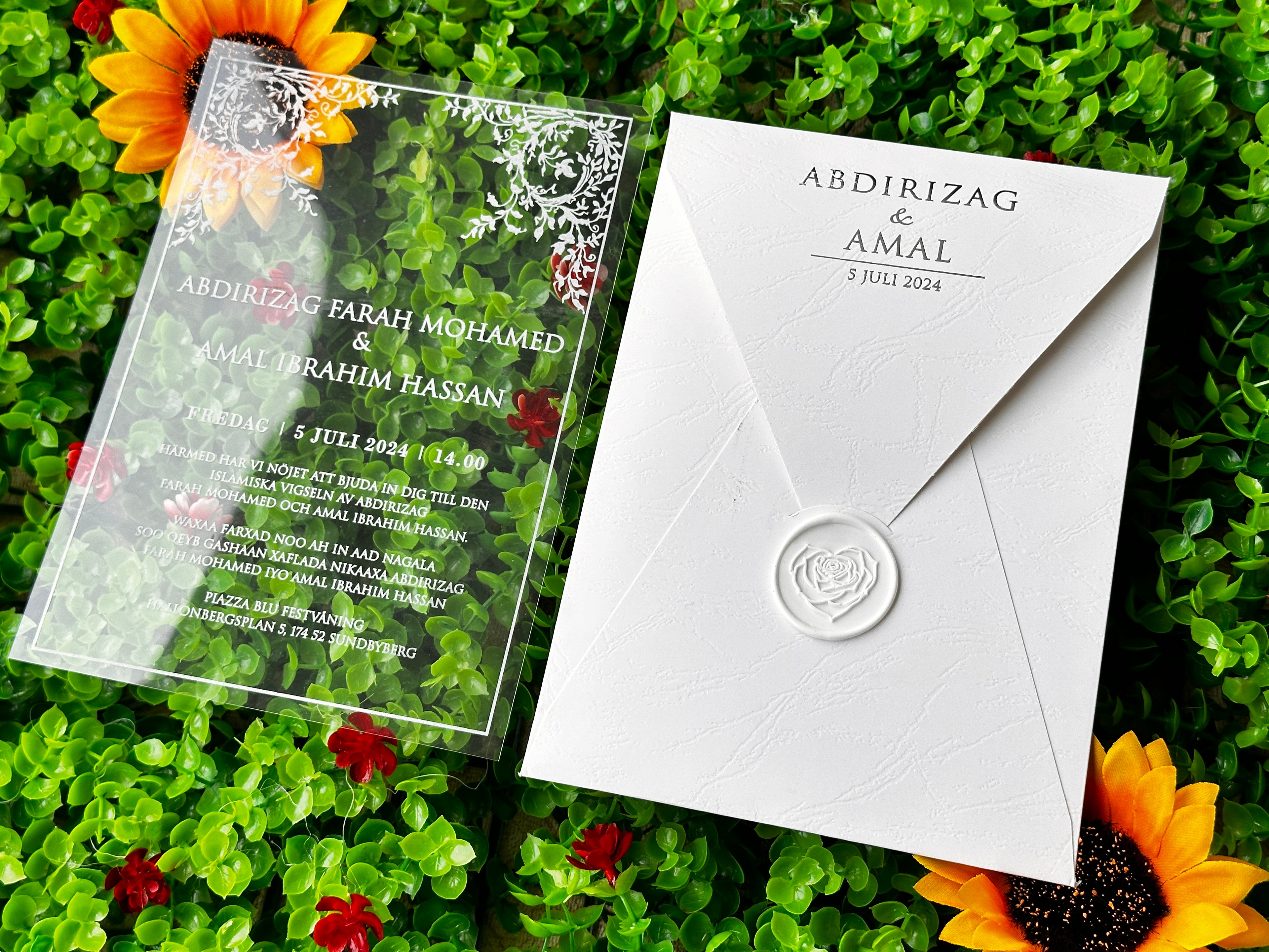 Clear Acrylic Wedding Invitation with White Print, White Envelope & Silver Details - LunaInvites
